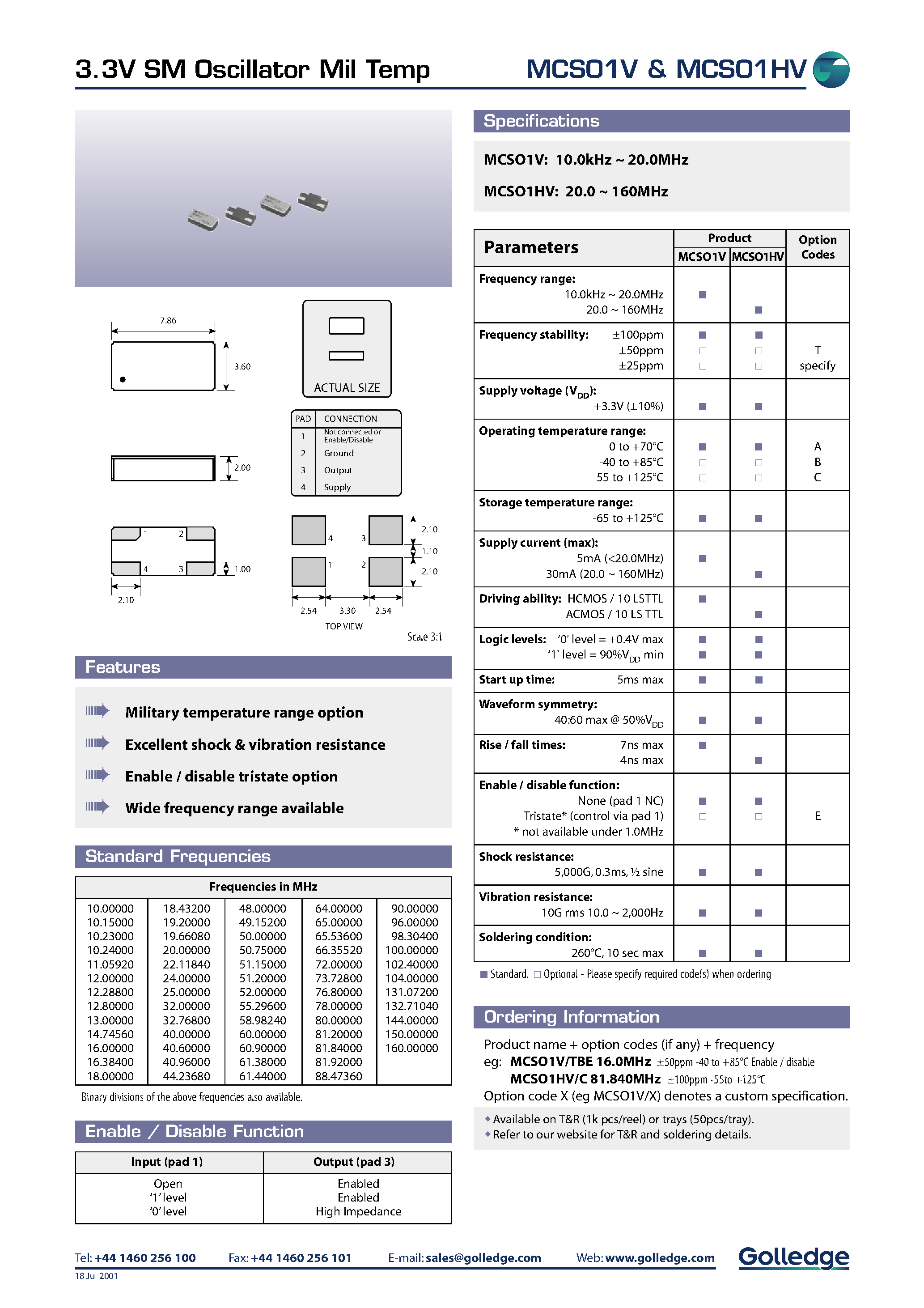 Datasheet MCSO1 - 3.3V SM Oscillator Mil Temp page 1