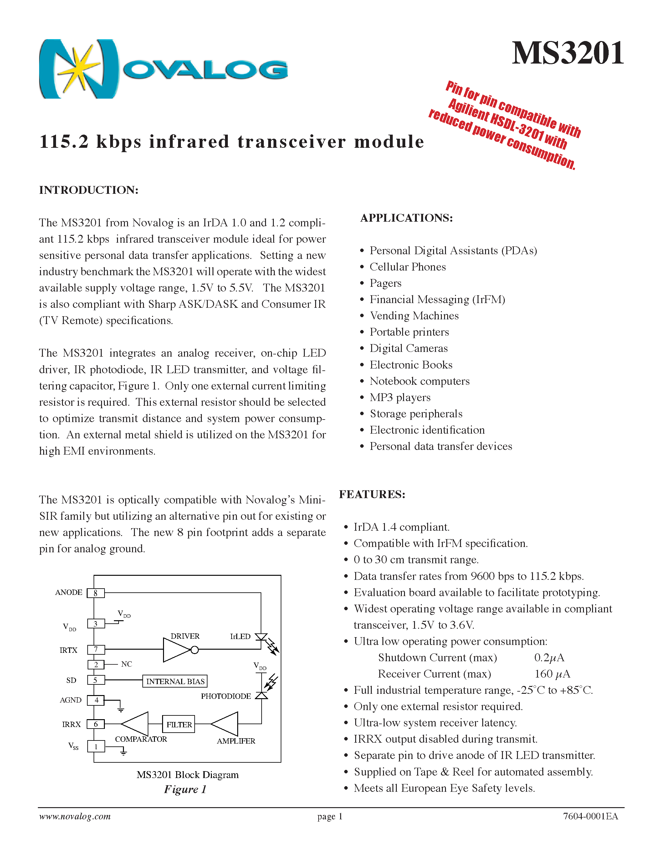 Datasheet MS3201 - 115.2 kbps infrared transceiver module page 1