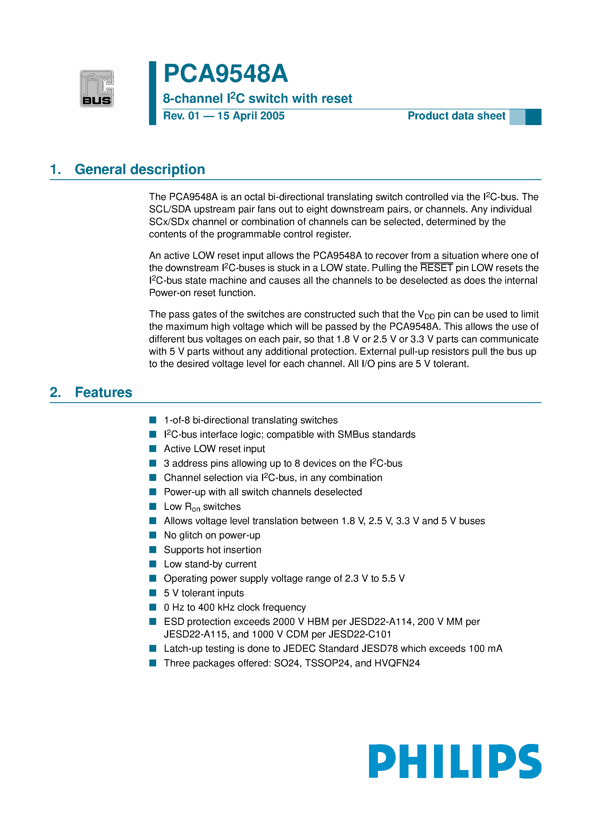 Datasheet PCA9548A page 1 Datasheet PCA9548A - 8-channel I2C switch with reset page 1