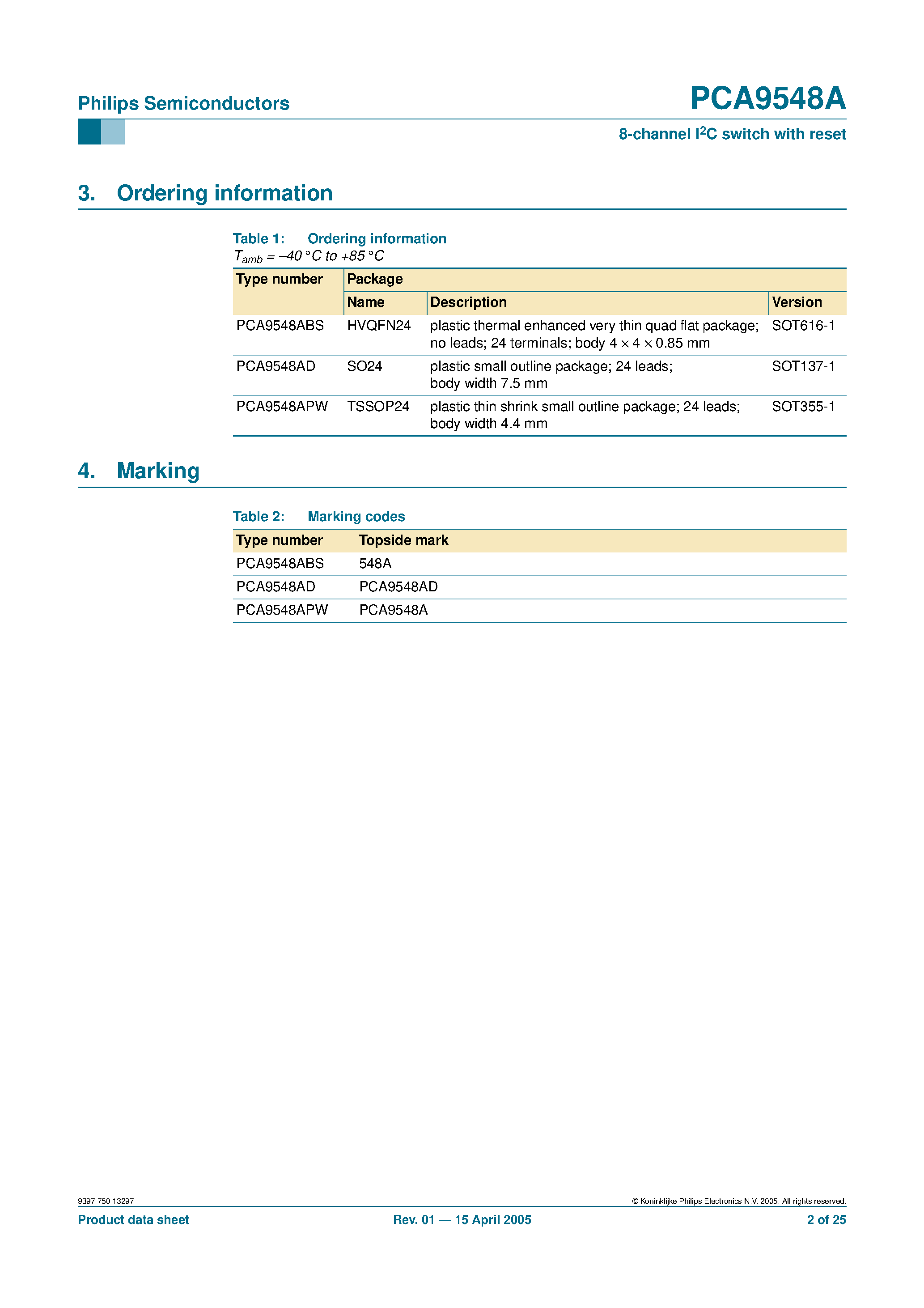Datasheet PCA9548A page 2 Datasheet PCA9548A - 8-channel I2C switch with reset page 2