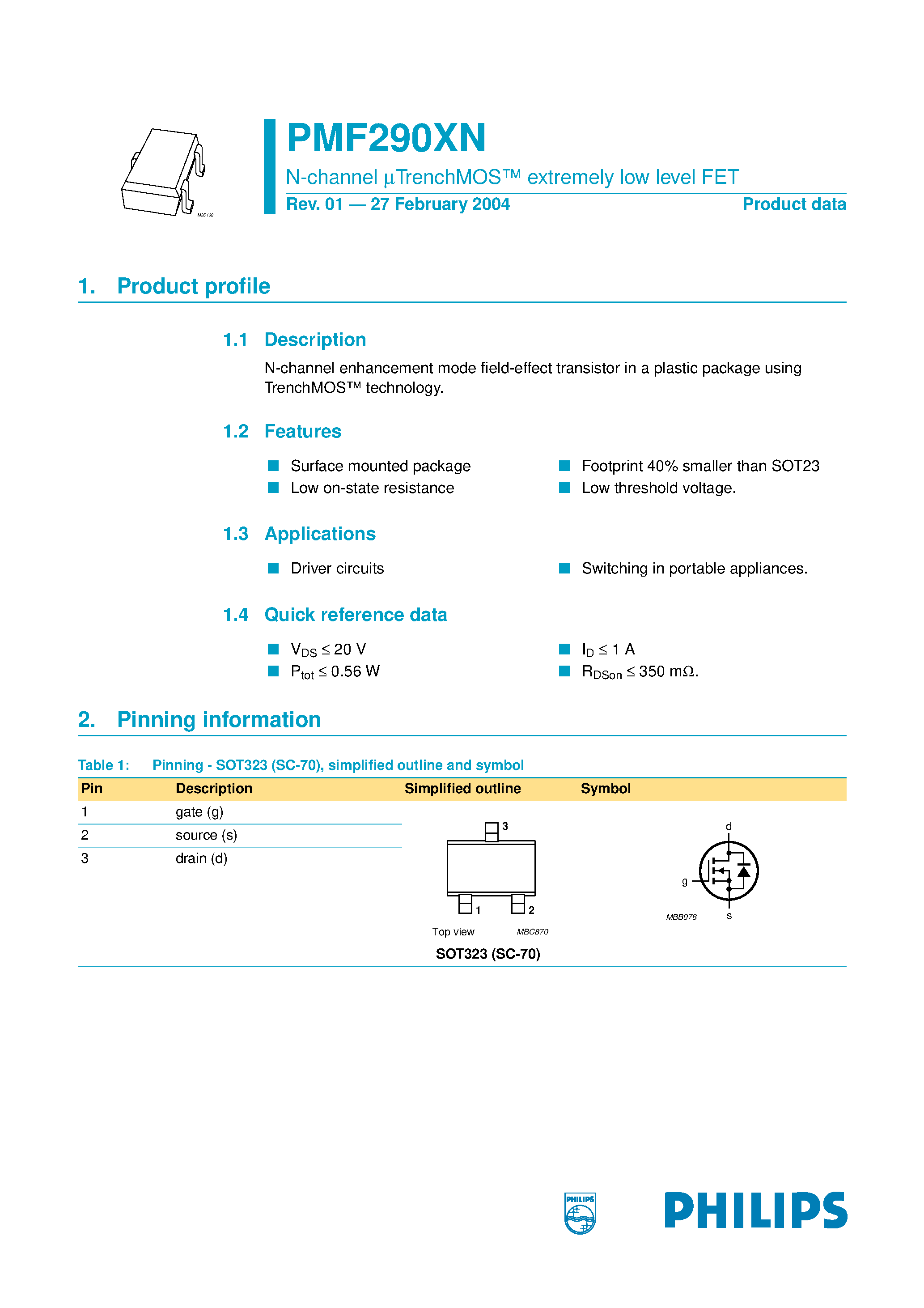 Datasheet PMF290XN - N-channel mTrenchMOS extremely low level FET page 1