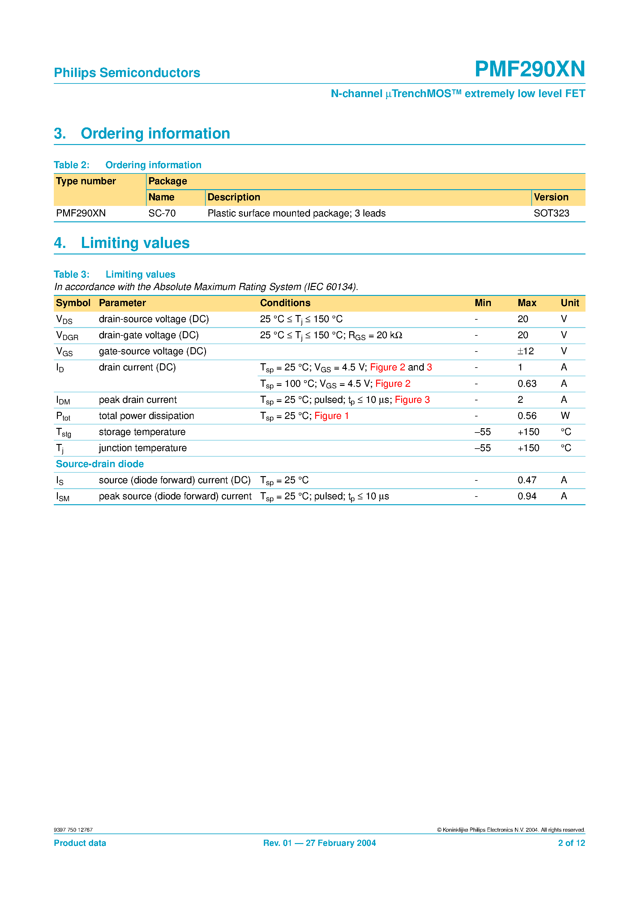 Datasheet PMF290XN - N-channel mTrenchMOS extremely low level FET page 2