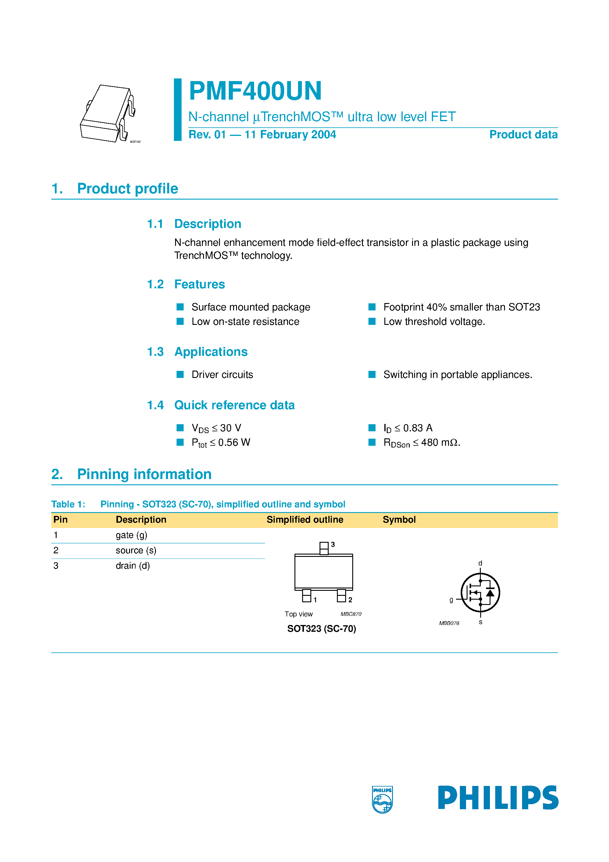 Datasheet PMF400UN - N-channel mTrenchMOS ultra low level FET page 1