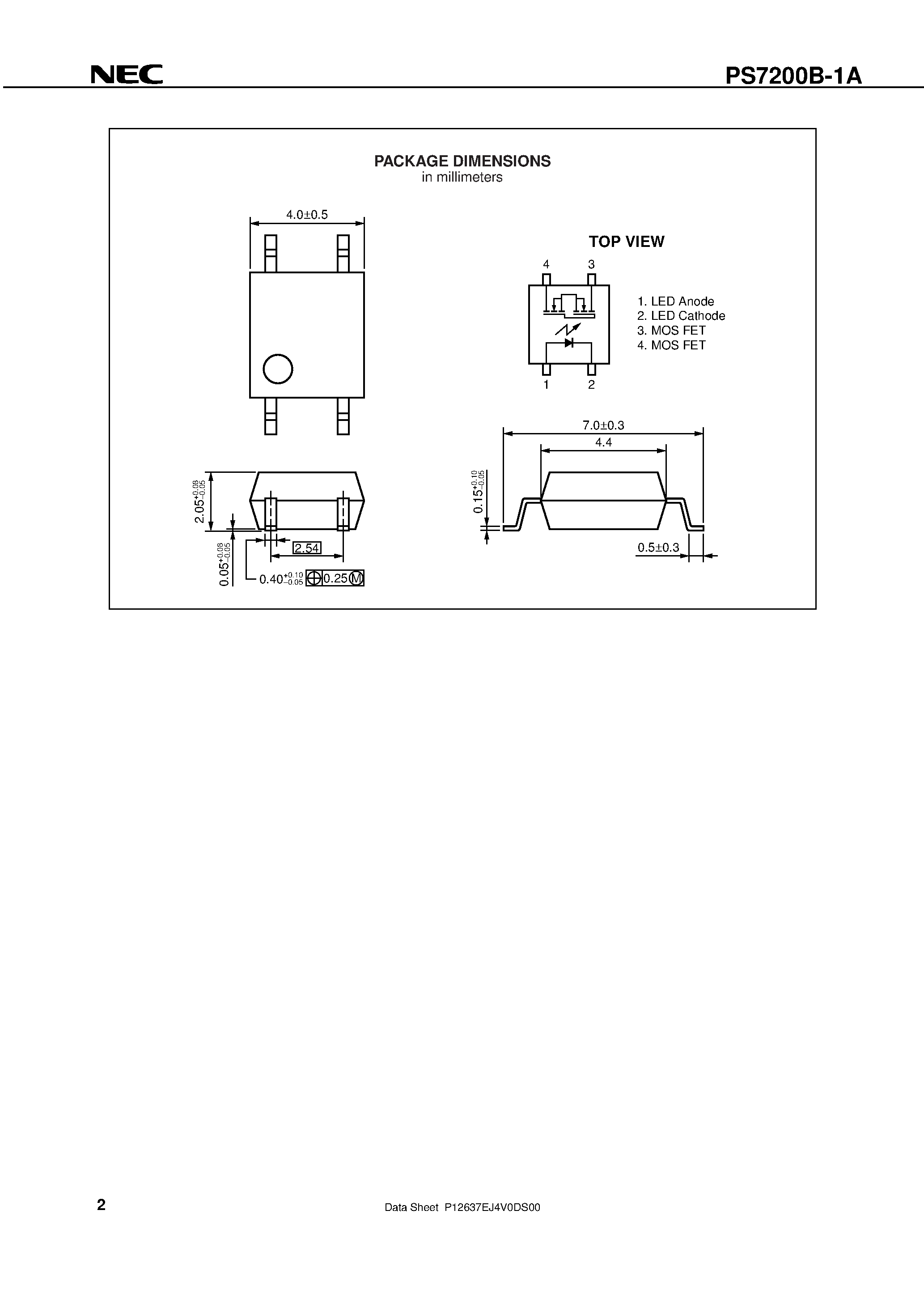 Даташит PS7200B-1A - 4-PIN SOP 1.0 W LOW ON-STATE RESISTANCE 1-ch Optical Coupled MOS FET страница 2