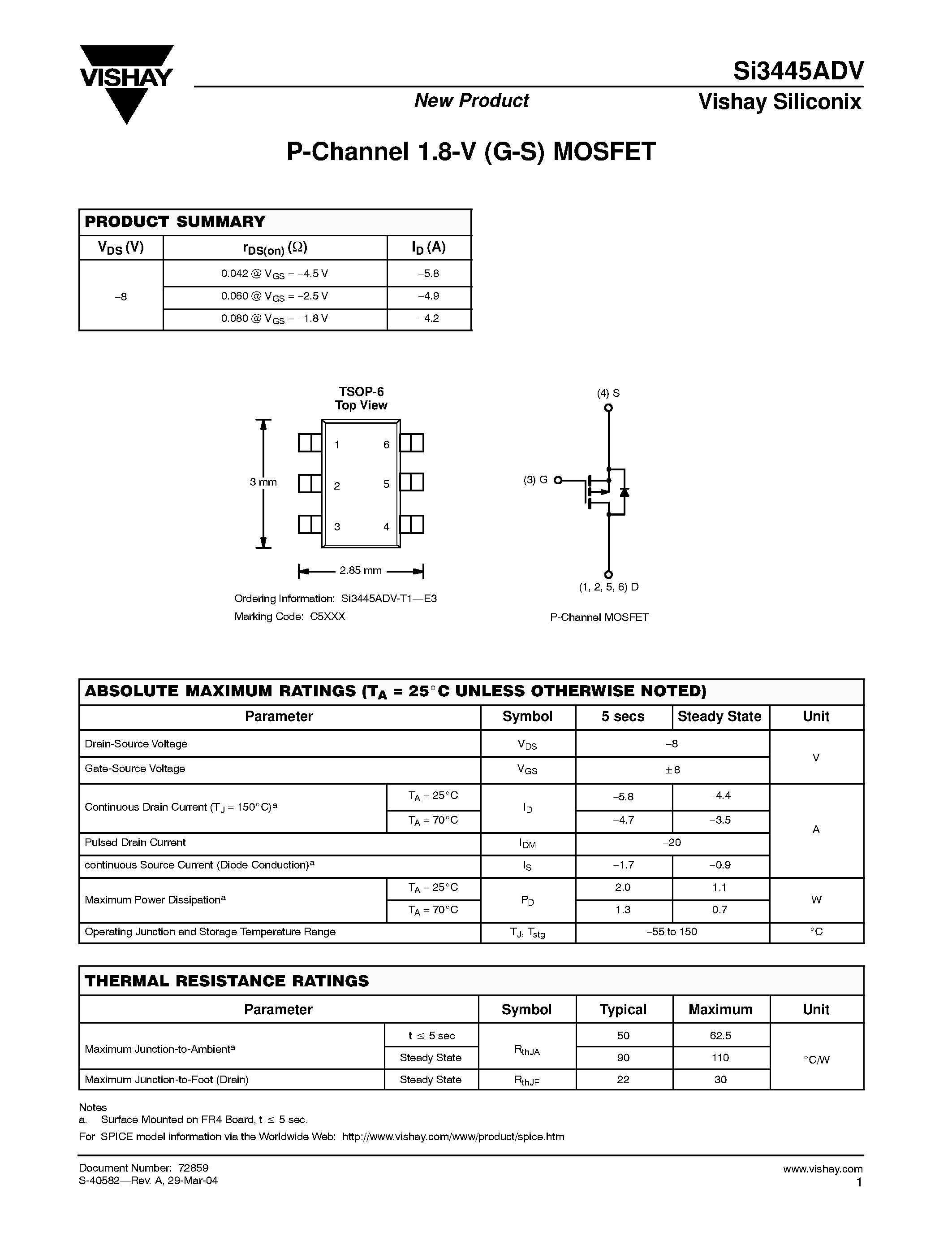 Datasheet SI3445ADV page 1 Datasheet SI3445ADV - P-Channel 1.8-V (G-S) MOSFET page 1