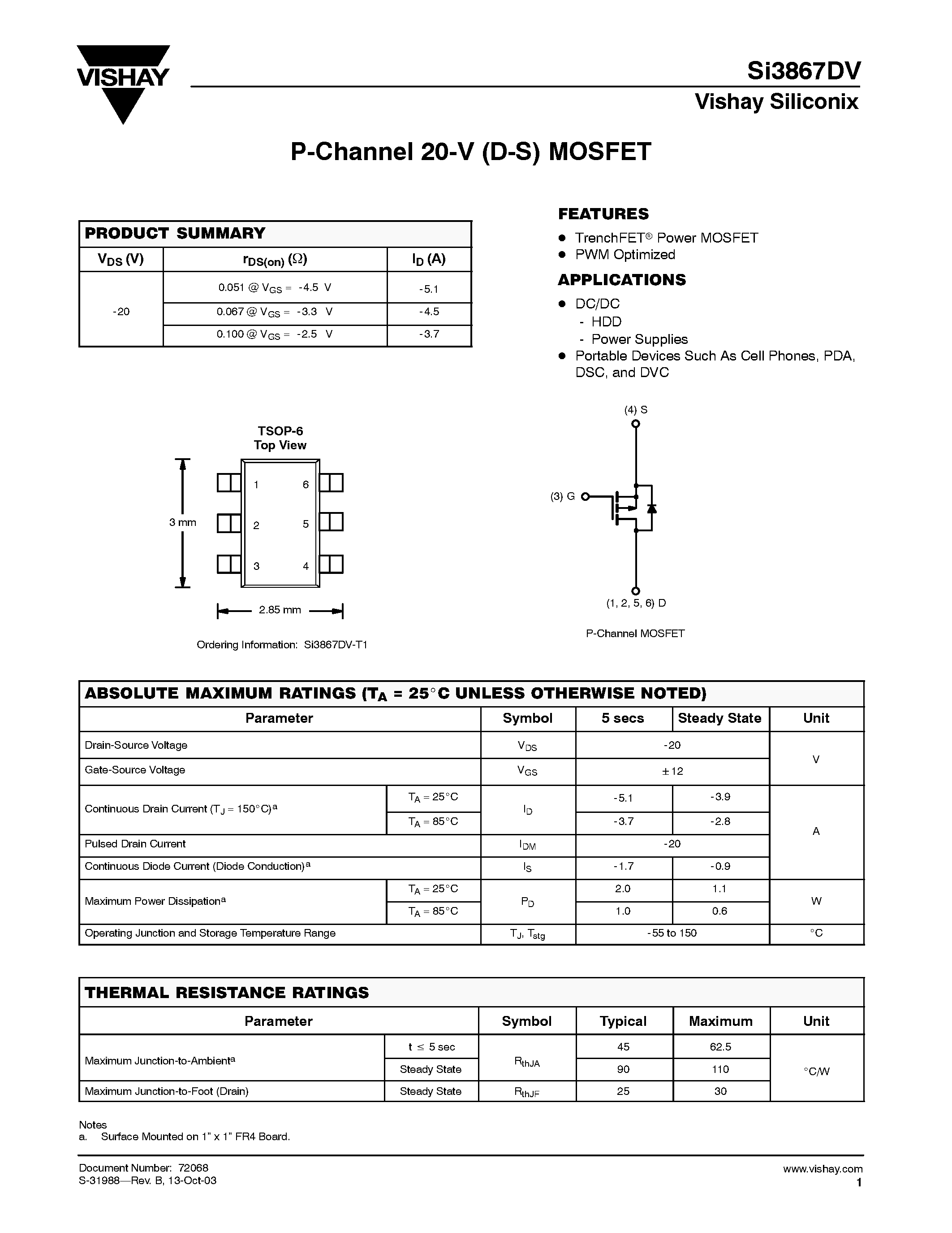 Даташит на микросхему SI3867DV страница 1 Даташит SI3867DV - P-Channel 20-V (D-S) MOSFET страница 1