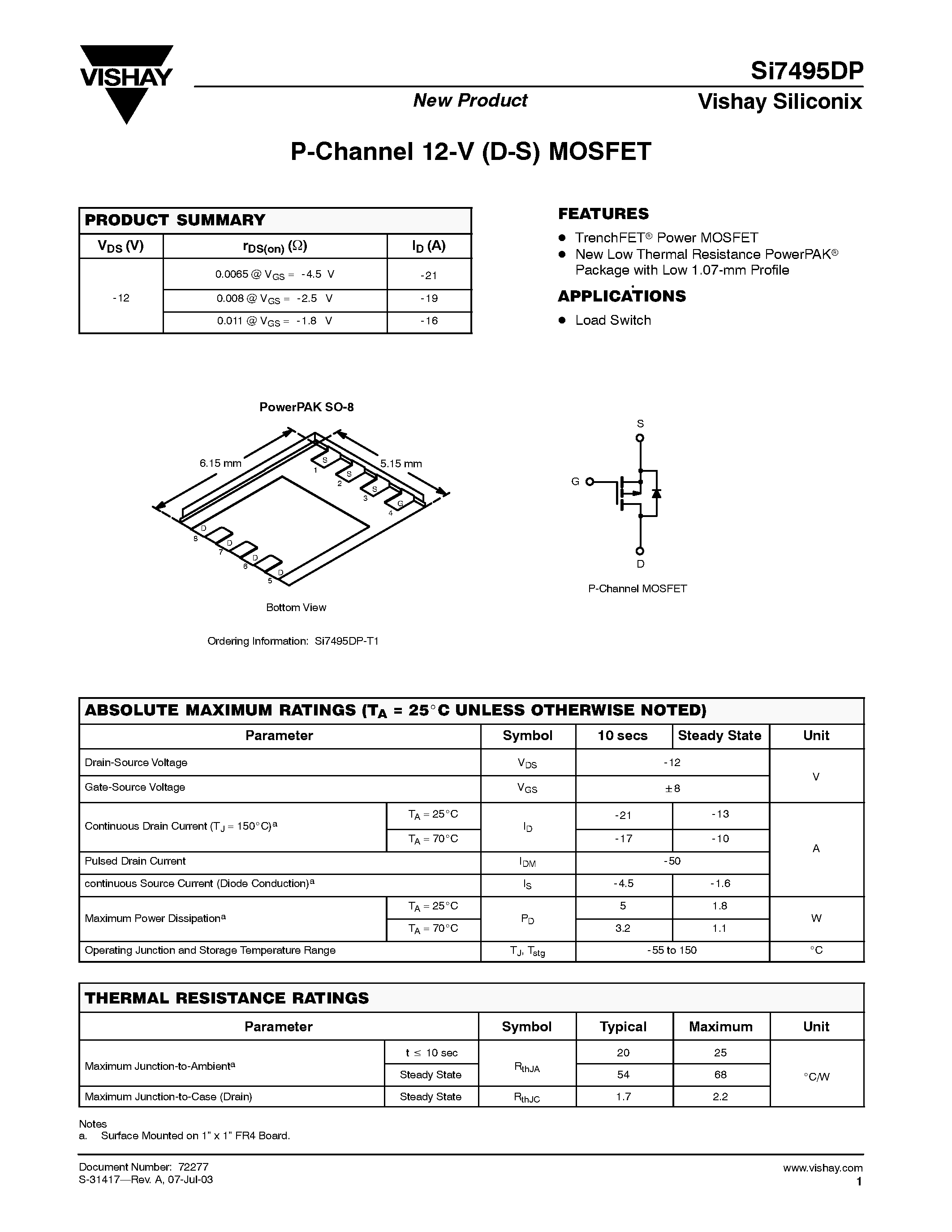 Даташит на микросхему SI7495DP страница 1 Даташит SI7495DP - P-Channel 12-V (D-S) MOSFET страница 1