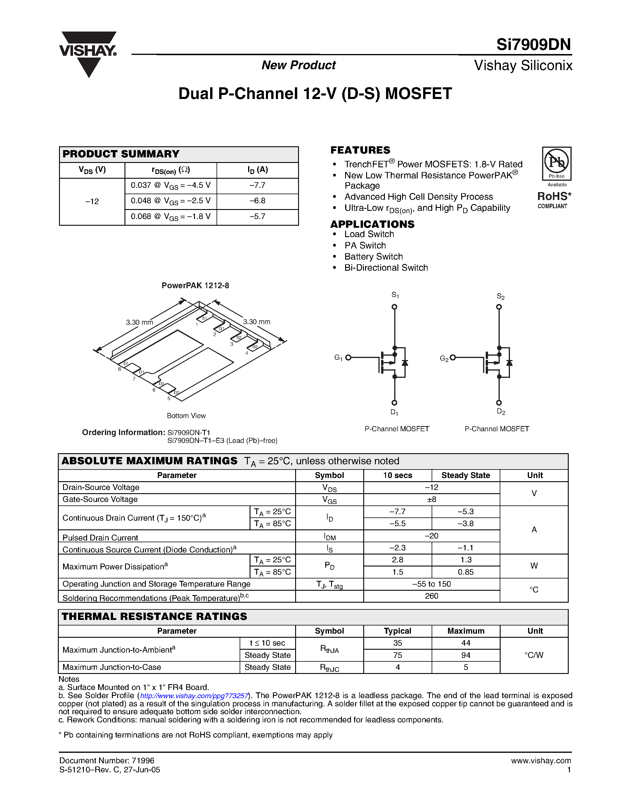 Даташит на микросхему SI7909DN страница 1 Даташит SI7909DN - Dual P-Channel 12-V (D-S) MOSFET страница 1
