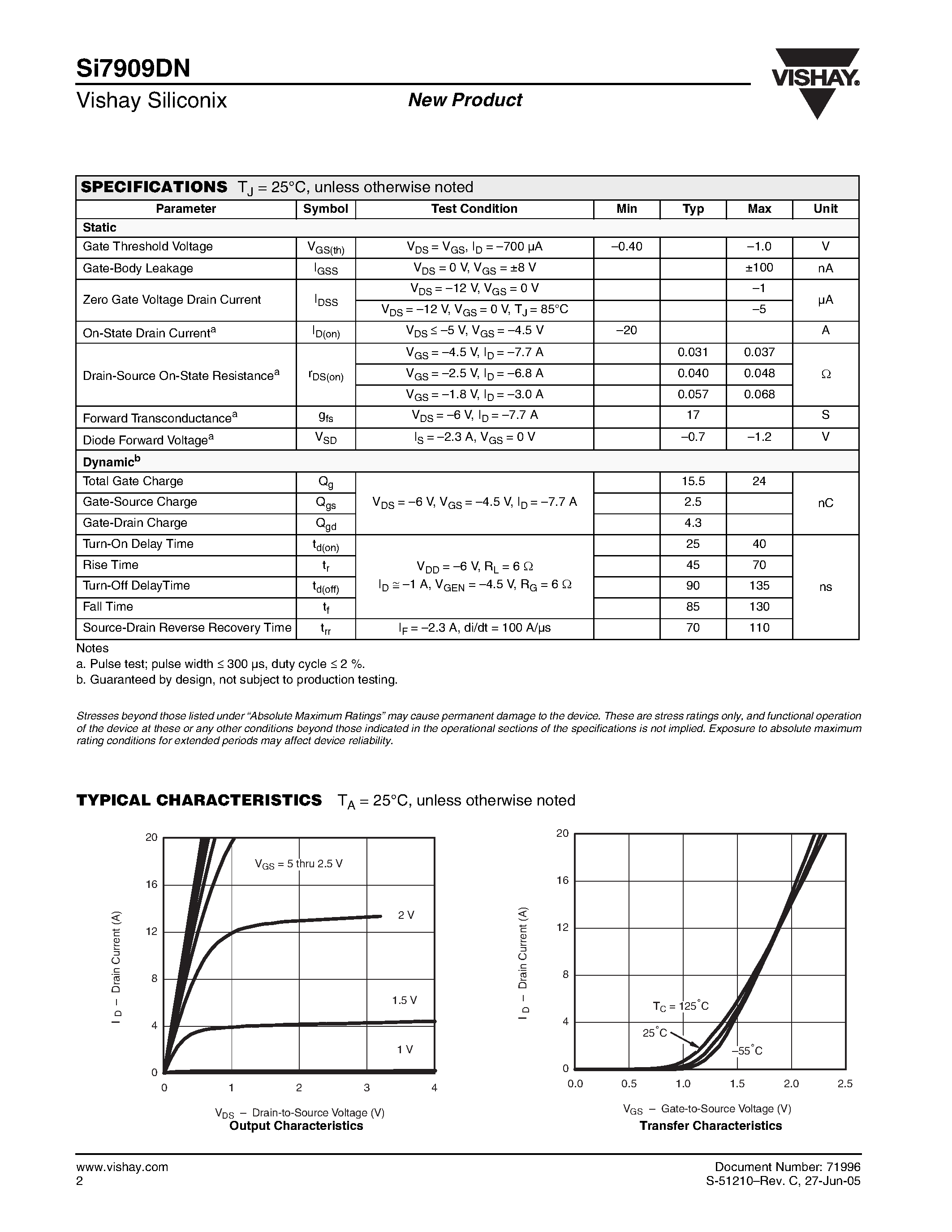 Даташит на микросхему SI7909DN страница 2 Даташит SI7909DN - Dual P-Channel 12-V (D-S) MOSFET страница 2
