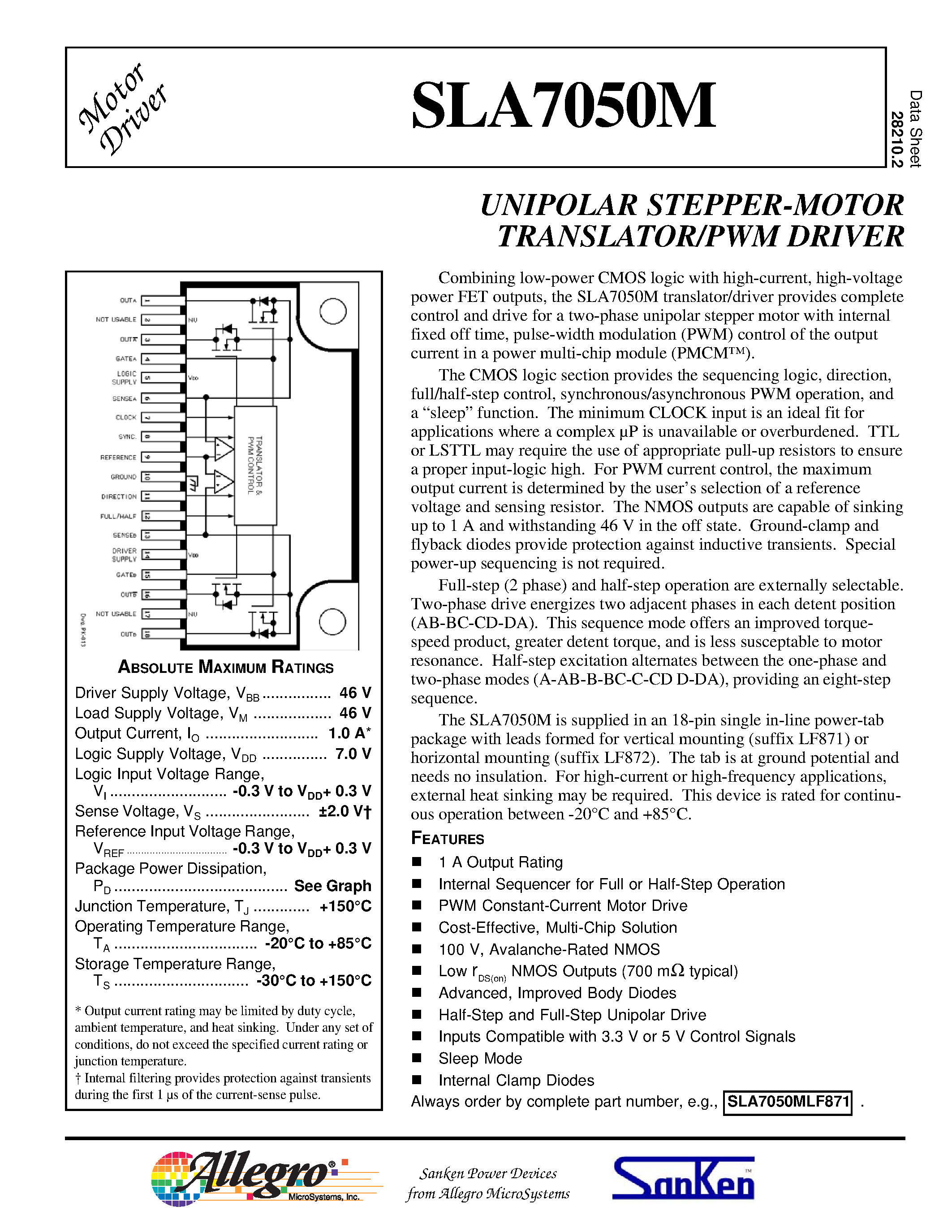 Даташит SLA7050M - UNIPOLAR STEPPER-MOTOR TRANSLATOR/PWM DRIVER страница 1
