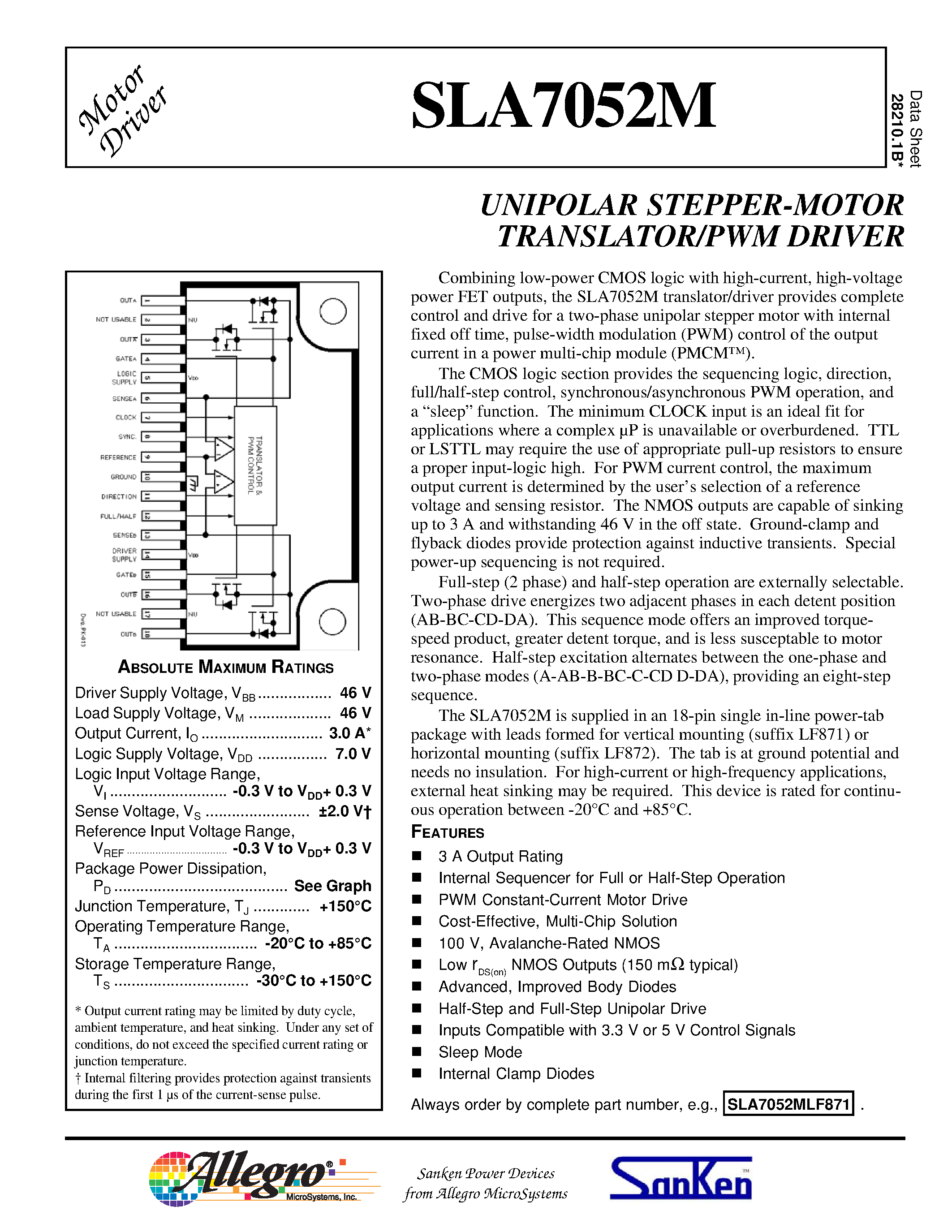 Даташит SLA7052M - UNIPOLAR STEPPER-MOTOR TRANSLATOR/PWM DRIVER страница 1