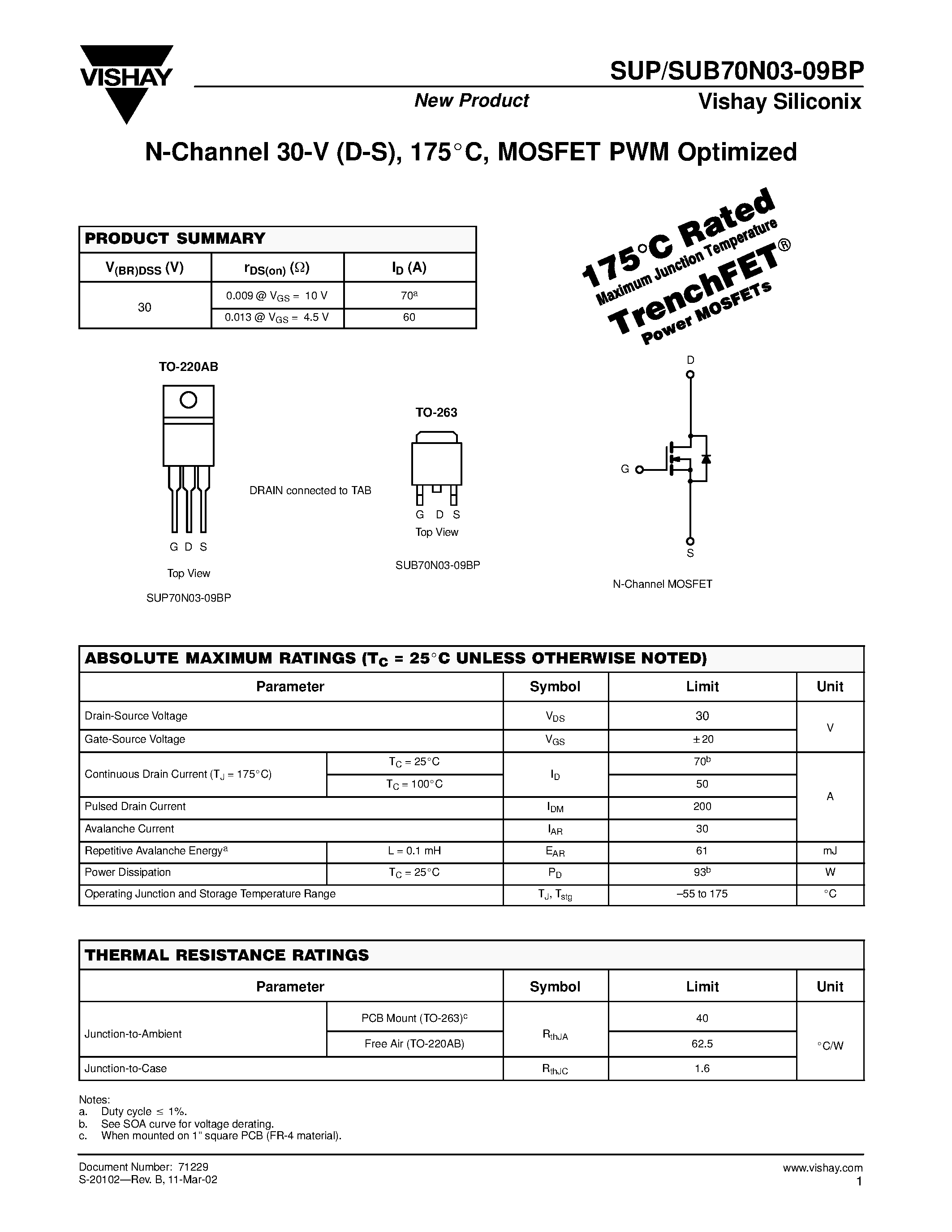 Datasheet SUP70N03-09BP page 1 Datasheet SUP70N03-09BP - N-Channel MOSFET page 1