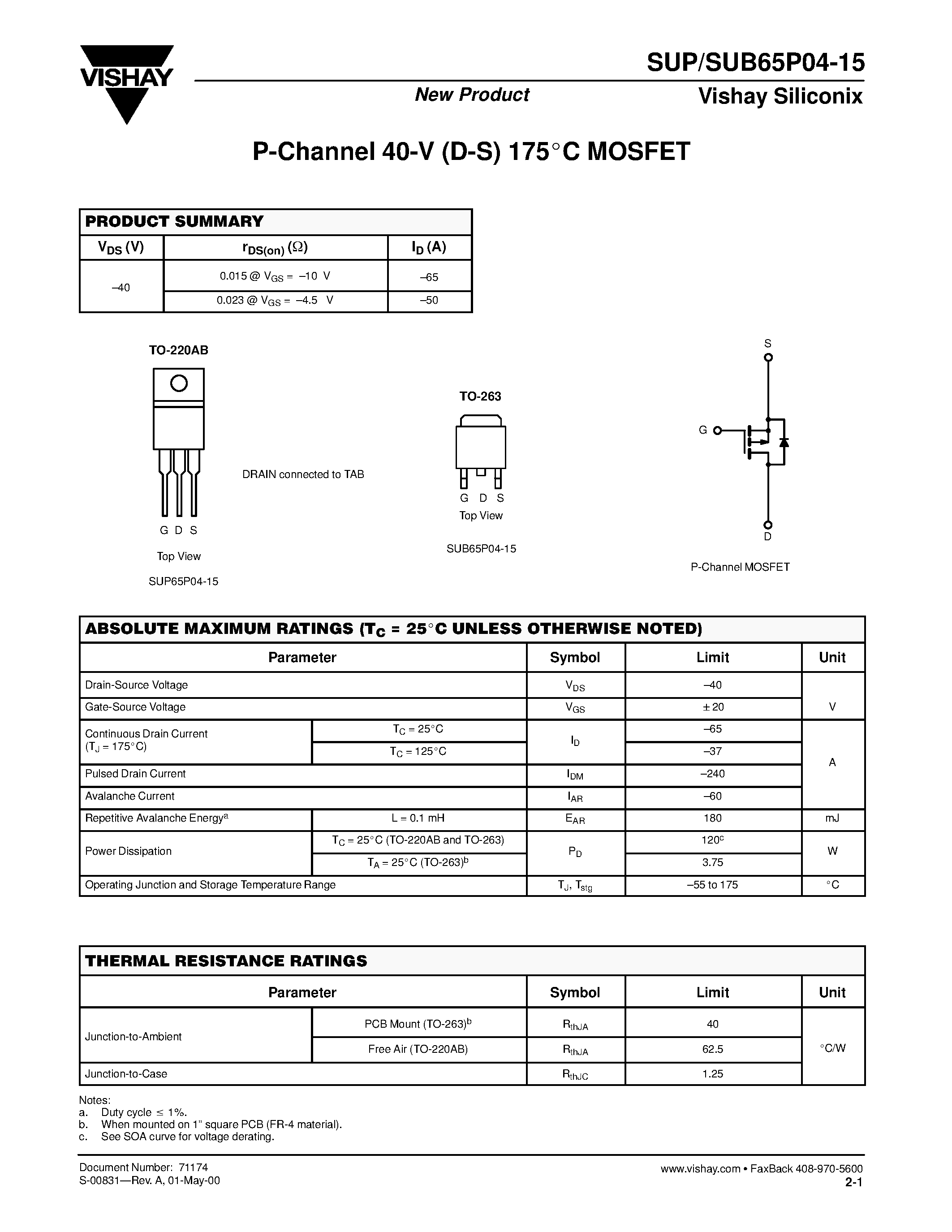 Datasheet SUP65P04-15 - P-Channel MOSFET page 1