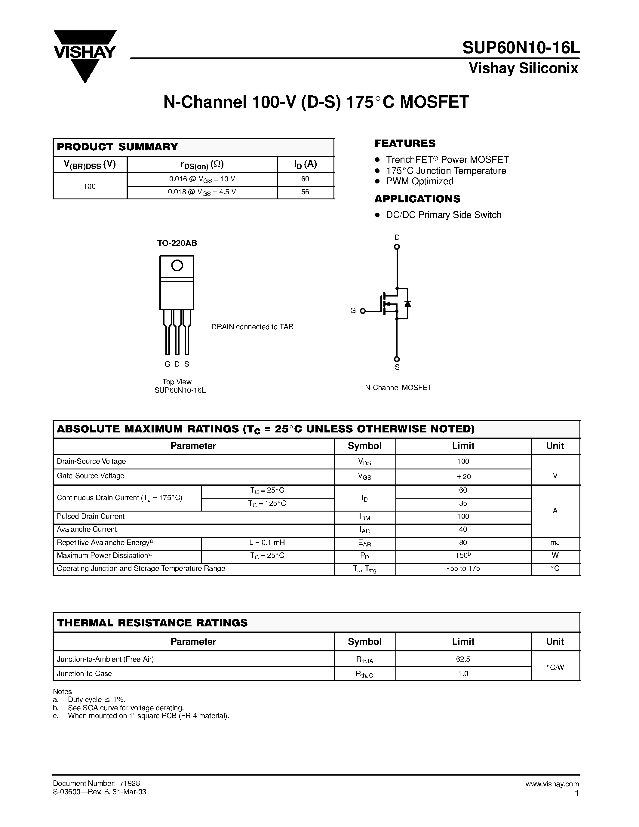Datasheet SUP60N10-16L page 1 Datasheet SUP60N10-16L - N-Channel MOSFET page 1