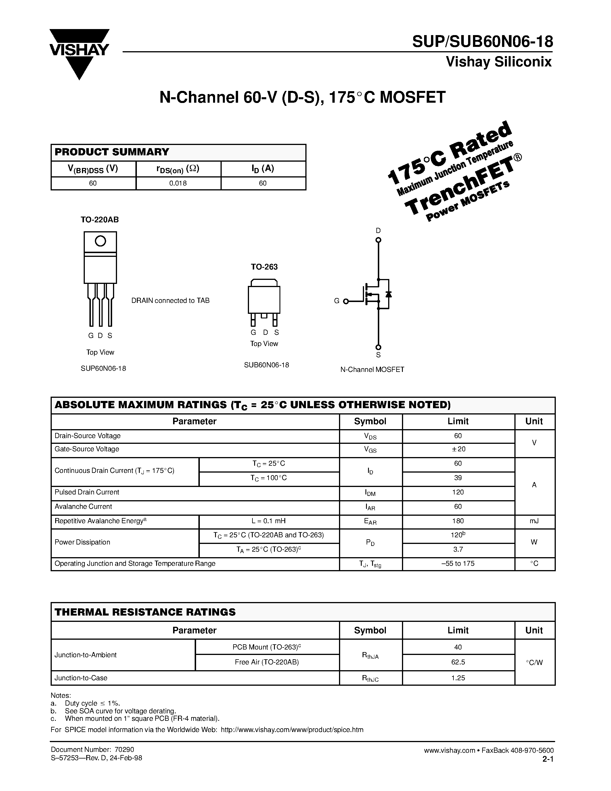 Datasheet SUP60N06-18 - N-Channel MOSFET page 1