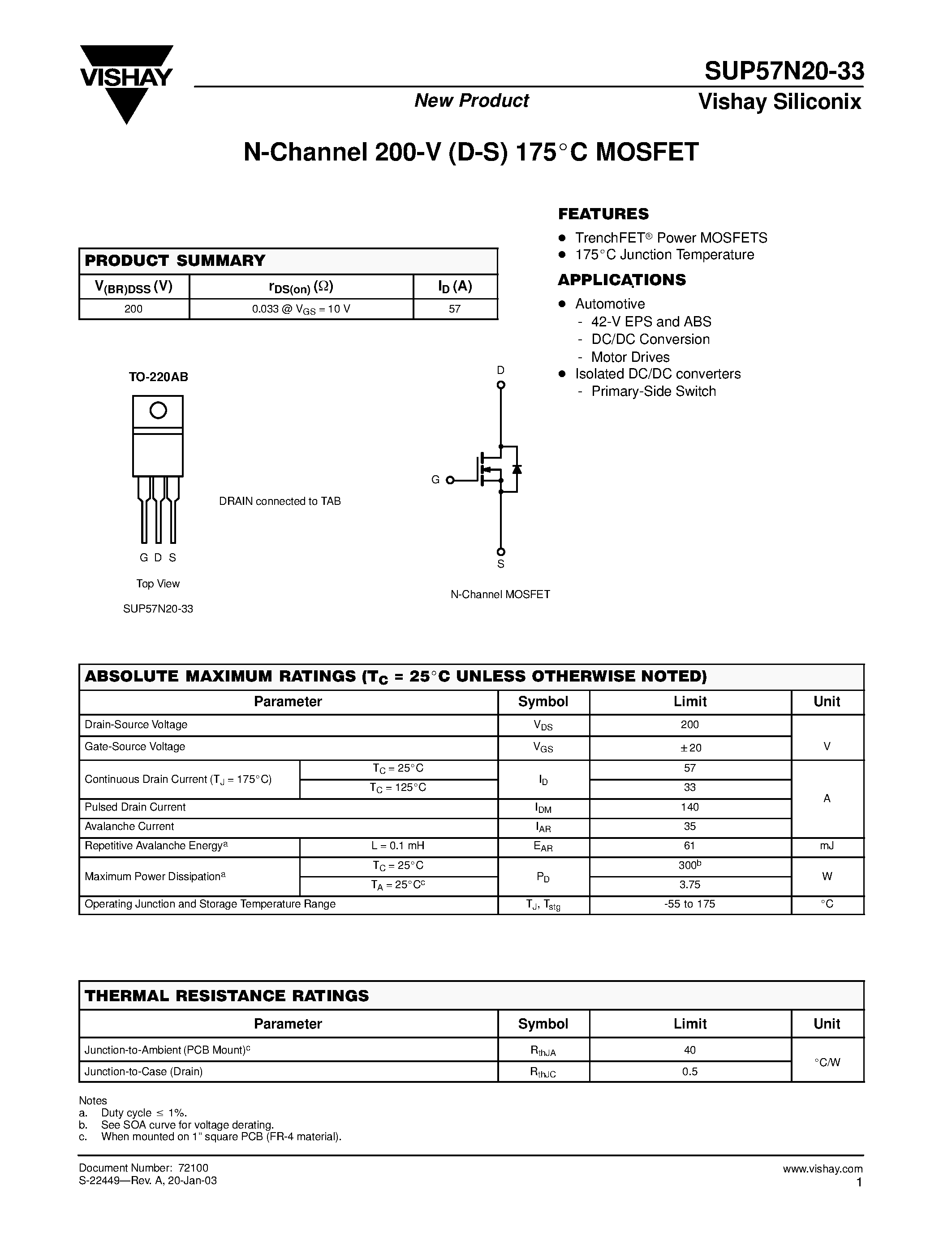 Datasheet SUP57N20-33 - N-Channel MOSFET page 1
