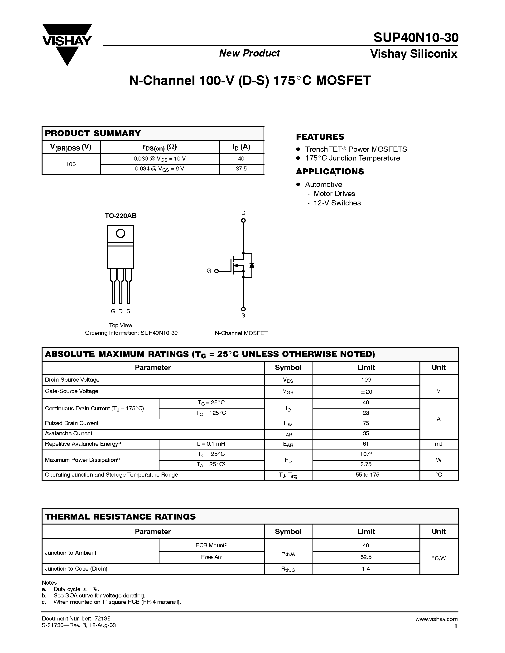 Datasheet SUP40N10-30 - N-Channel MOSFET page 1