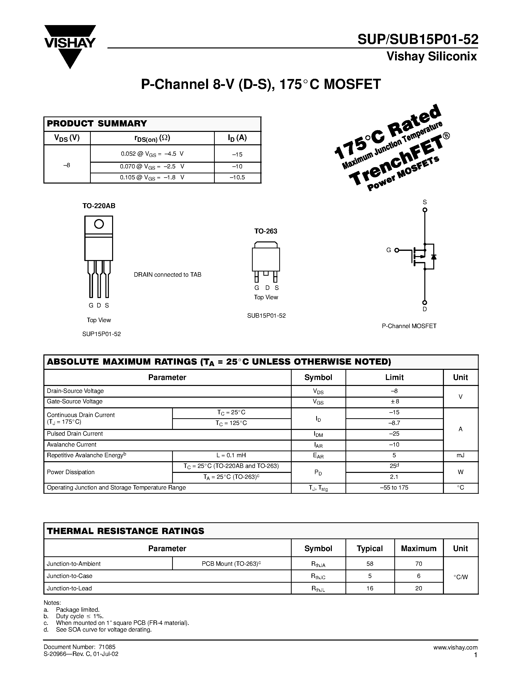 Datasheet SUP15P01-52 - P-Channel MOSFET page 1
