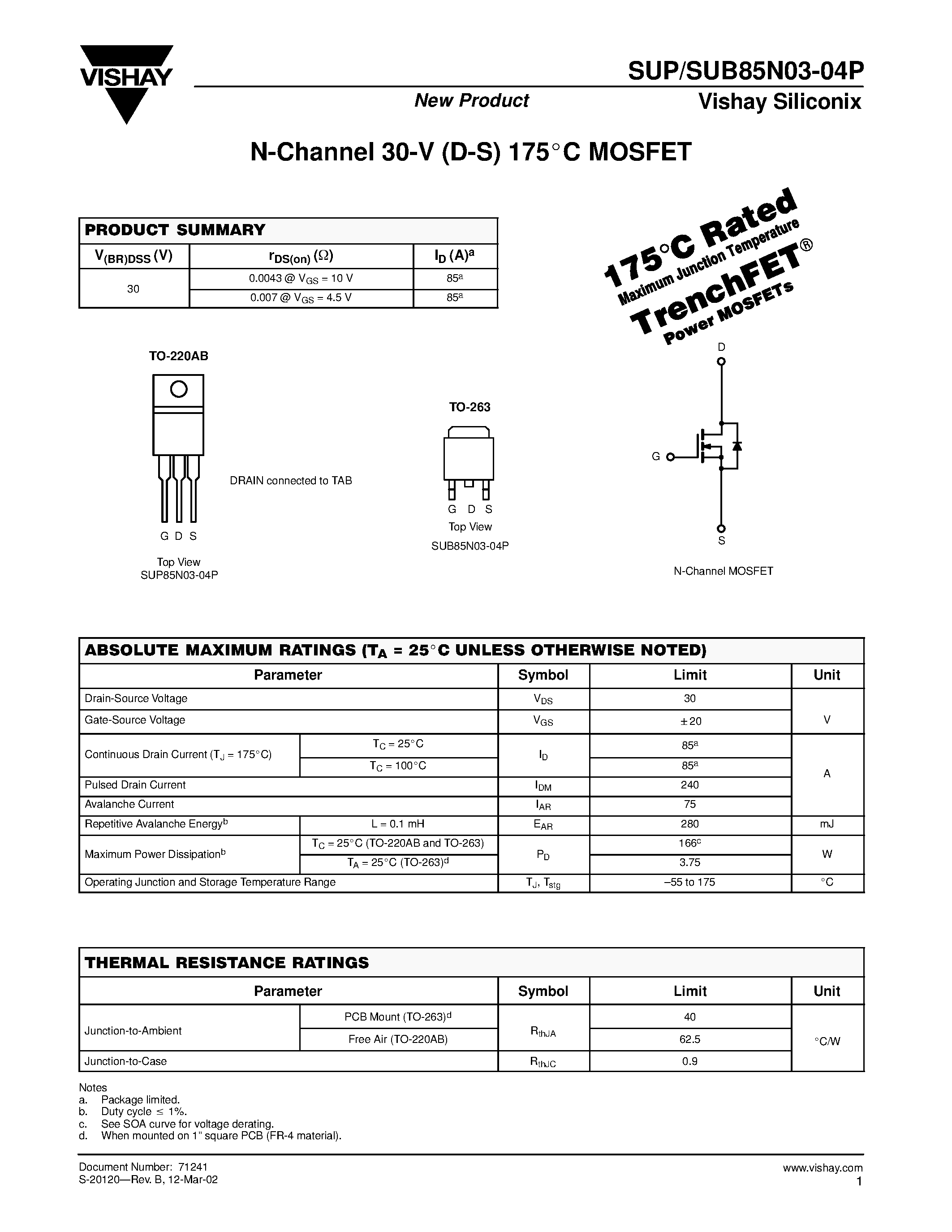 Datasheet SUP85N03-04P page 1 Datasheet SUP85N03-04P - N-Channel MOSFET page 1