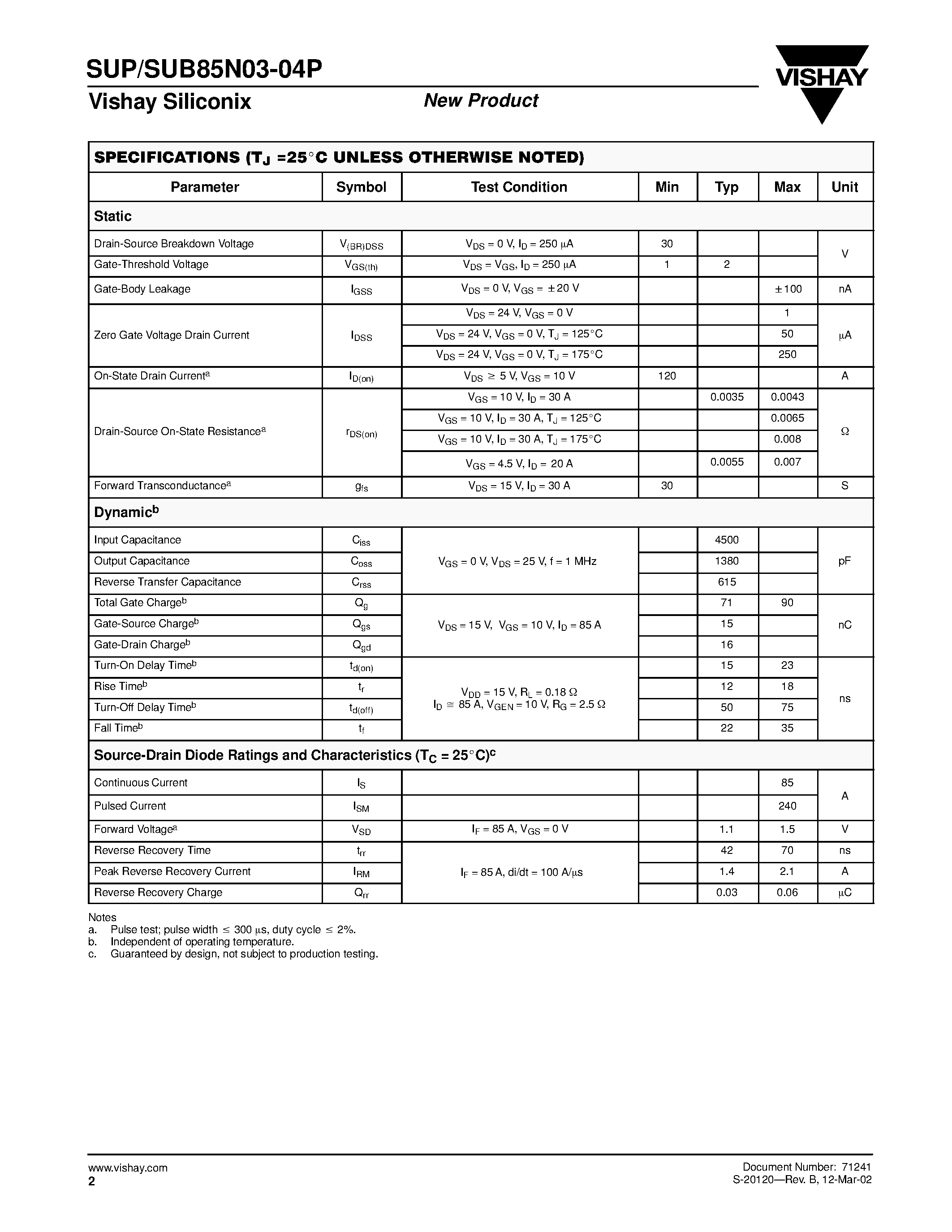 Datasheet SUP85N03-04P page 2 Datasheet SUP85N03-04P - N-Channel MOSFET page 2