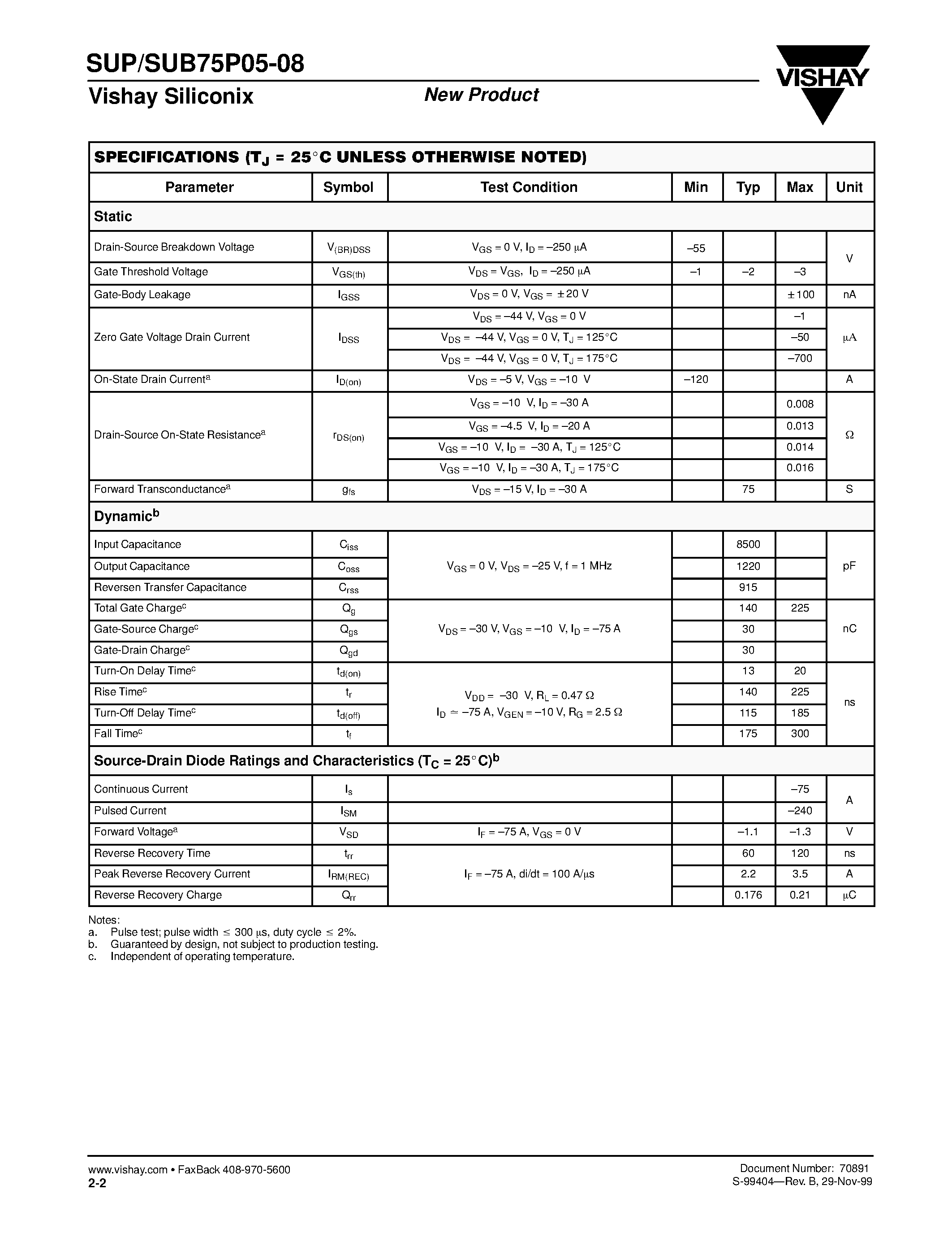 Datasheet SUP75P05-08 - P-Channel MOSFET page 2