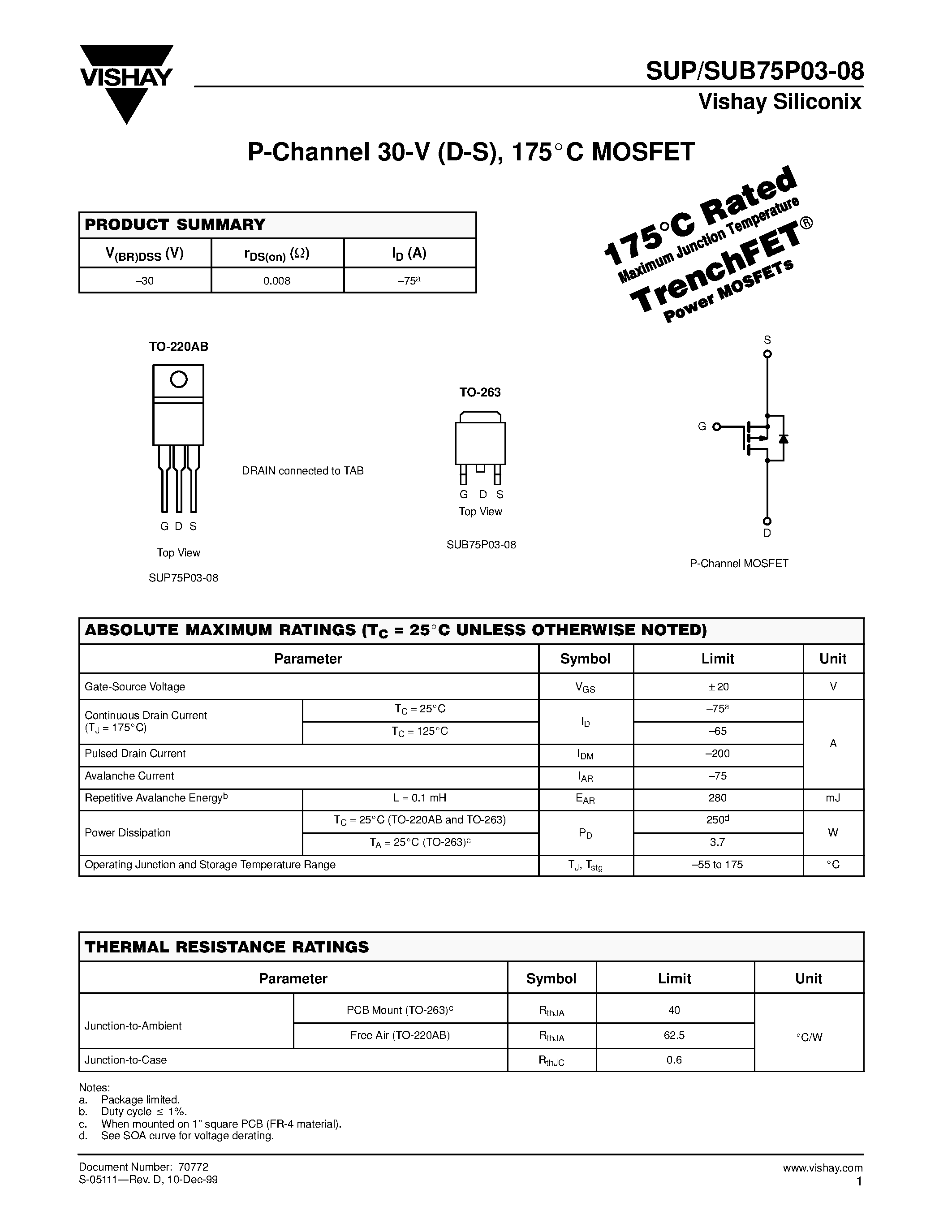 Datasheet SUP75P03-08 - P-Channel MOSFET page 1