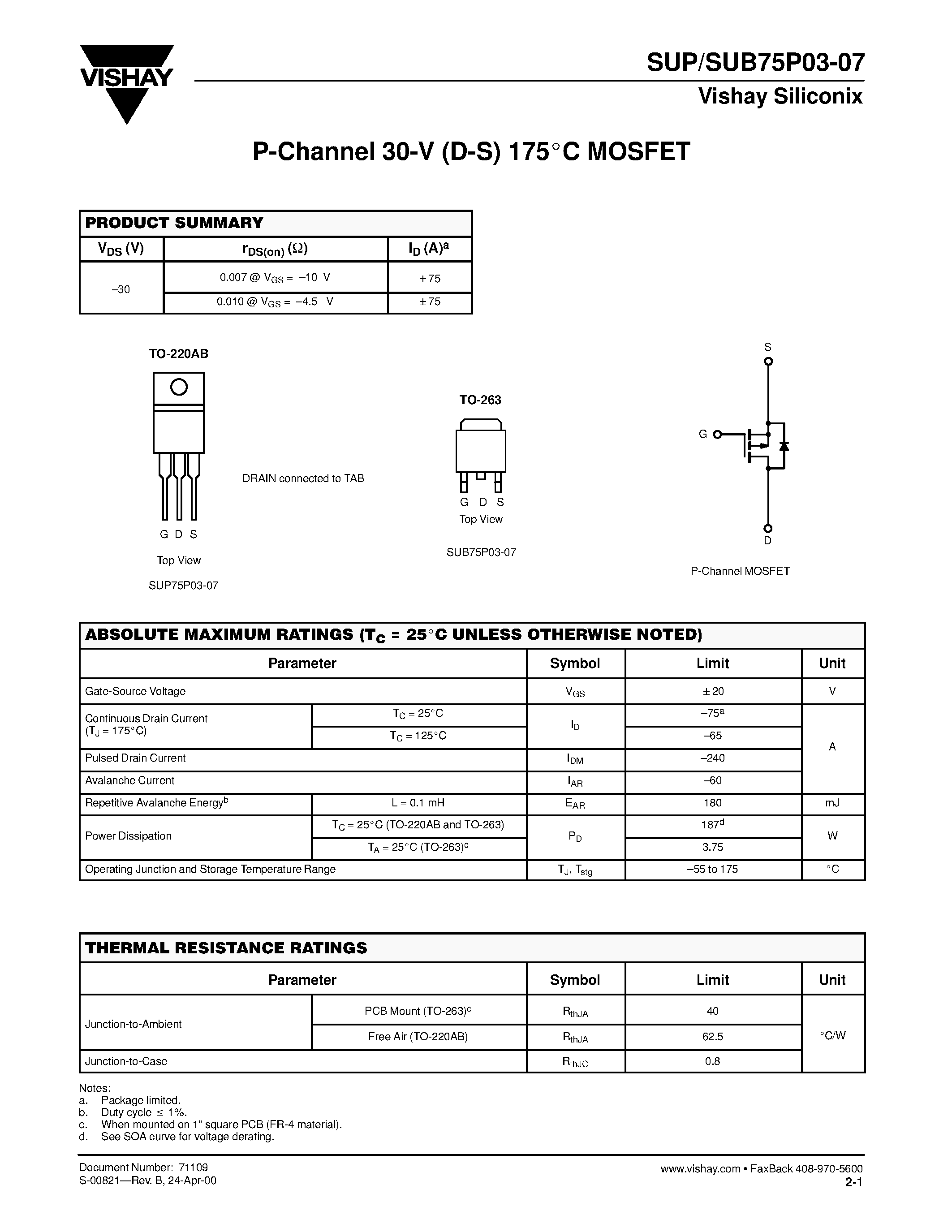 Даташит SUP75P03-07 - P-Channel MOSFET страница 1