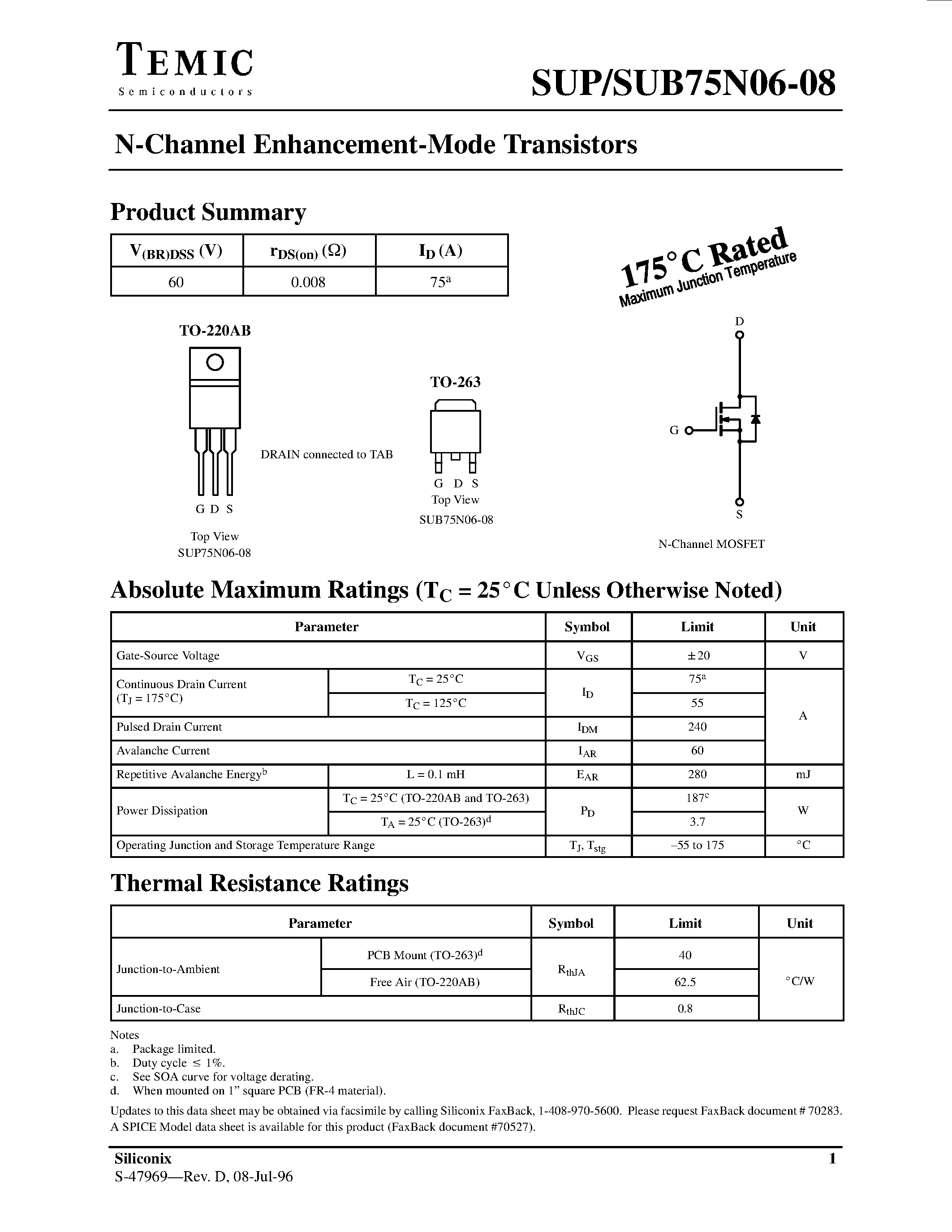 Datasheet SUP75N06-08 - N-Channel Enhancement-Mode Transistors page 1