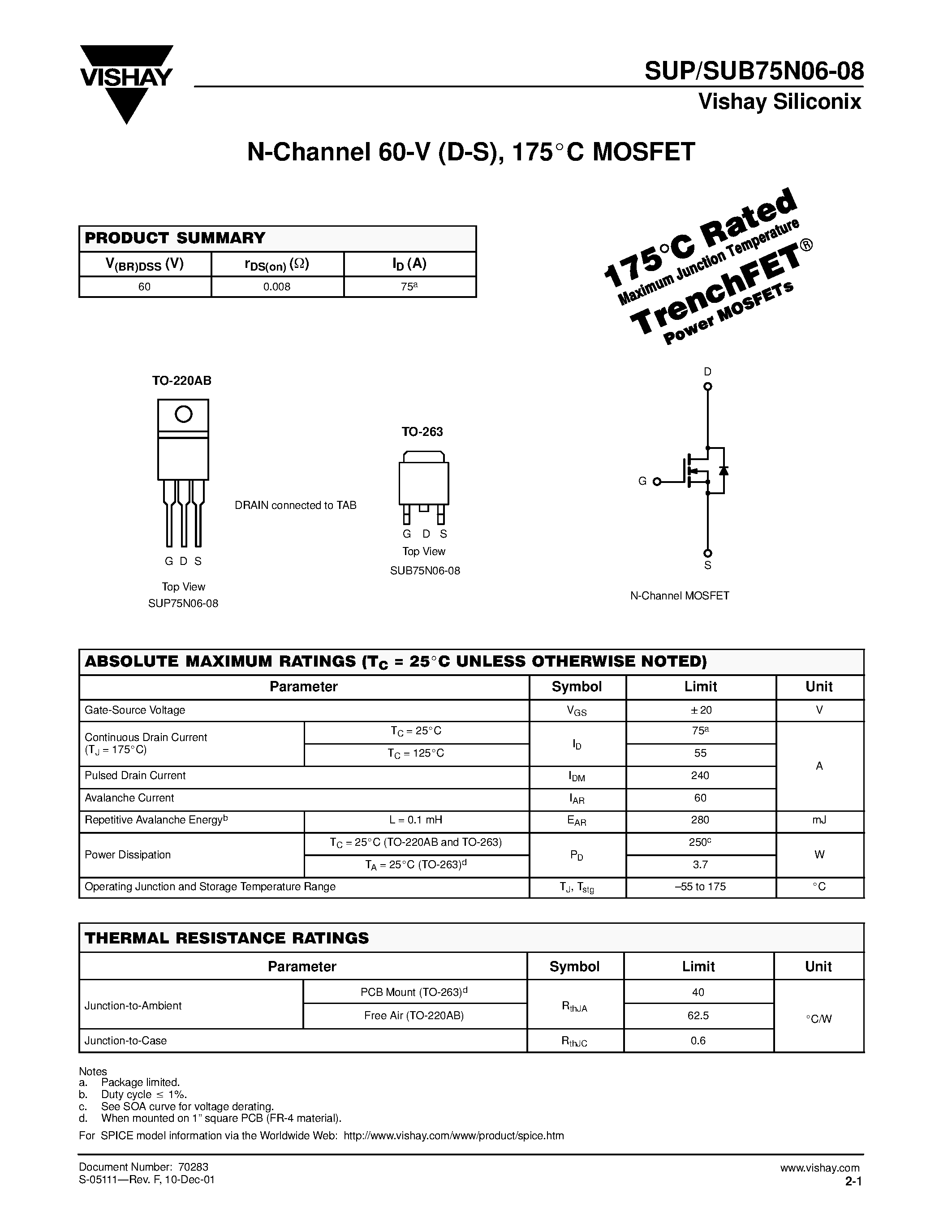 Datasheet SUP75N06-08 page 1 Datasheet SUP75N06-08 - N-Channel MOSFET page 1