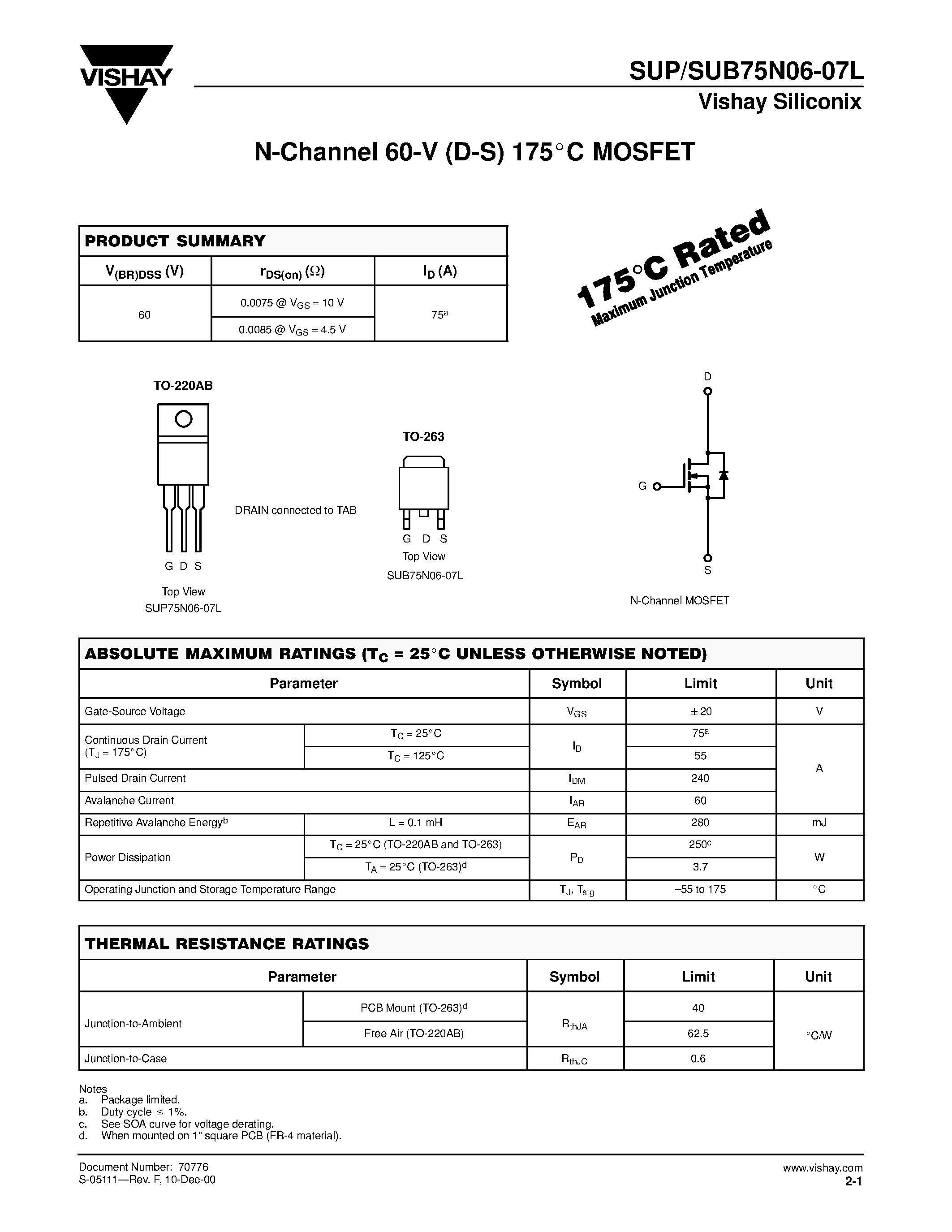 Datasheet SUP75N06-07L page 1 Datasheet SUP75N06-07L - N-Channel MOSFET page 1