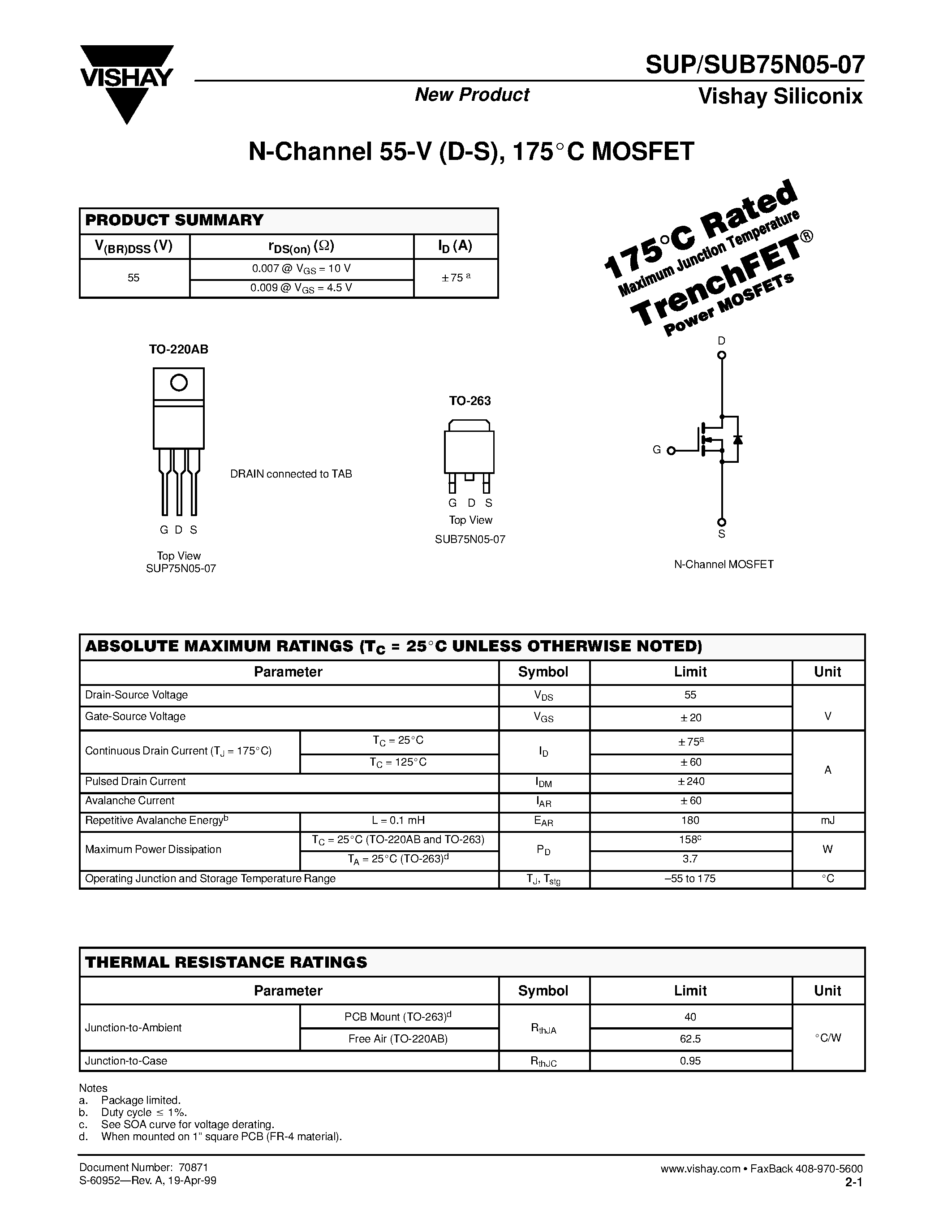 Datasheet SUP75N05-07 - N-Channel MOSFET page 1