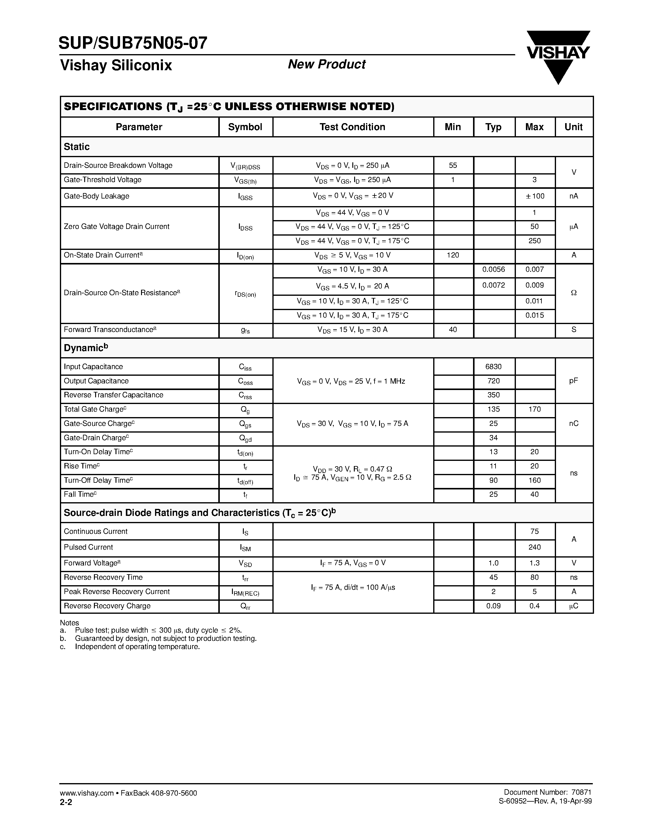 Datasheet SUP75N05-07 - N-Channel MOSFET page 2