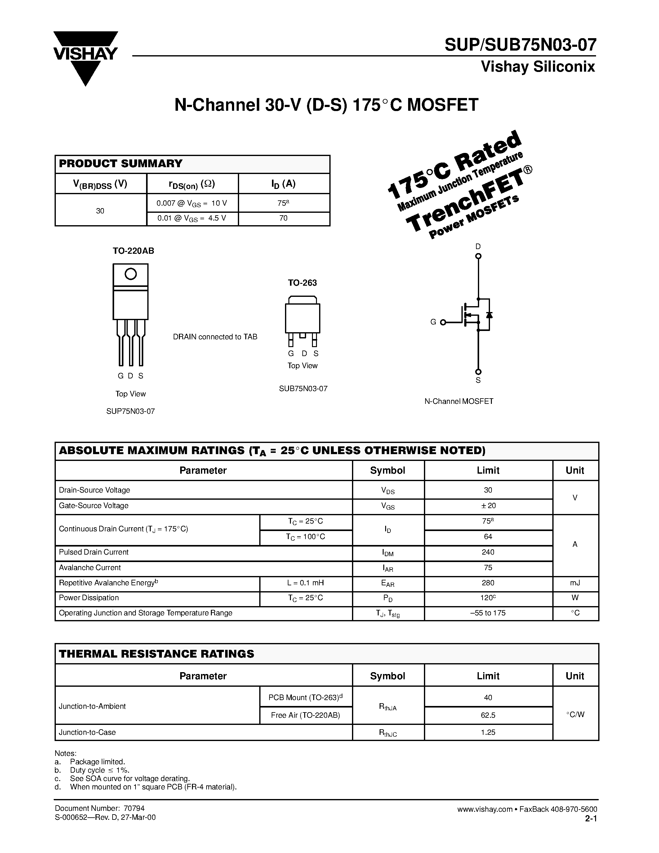 Datasheet SUP75N03-07 - N-Channel MOSFET page 1