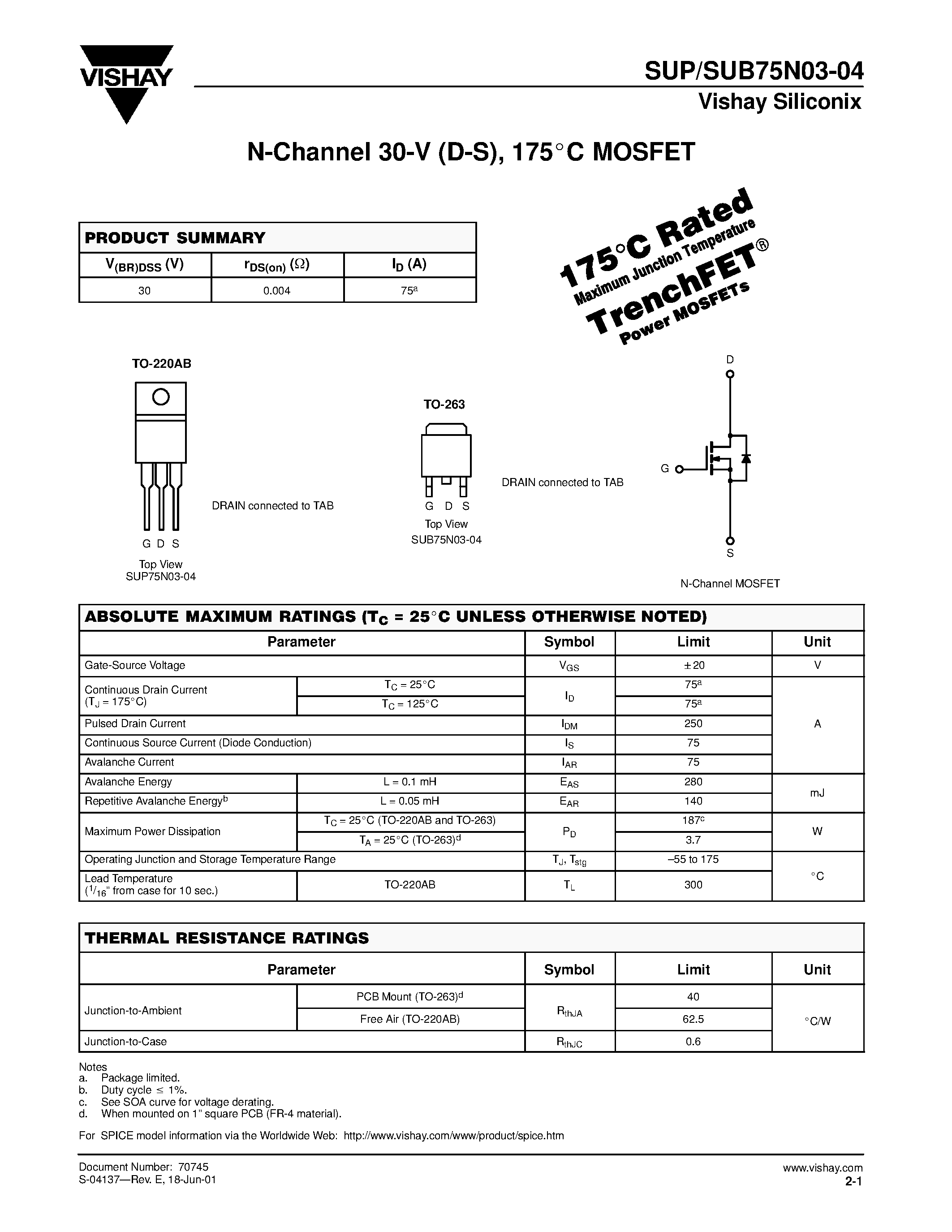 Datasheet SUP75N03-04 - N-Channel MOSFET page 1