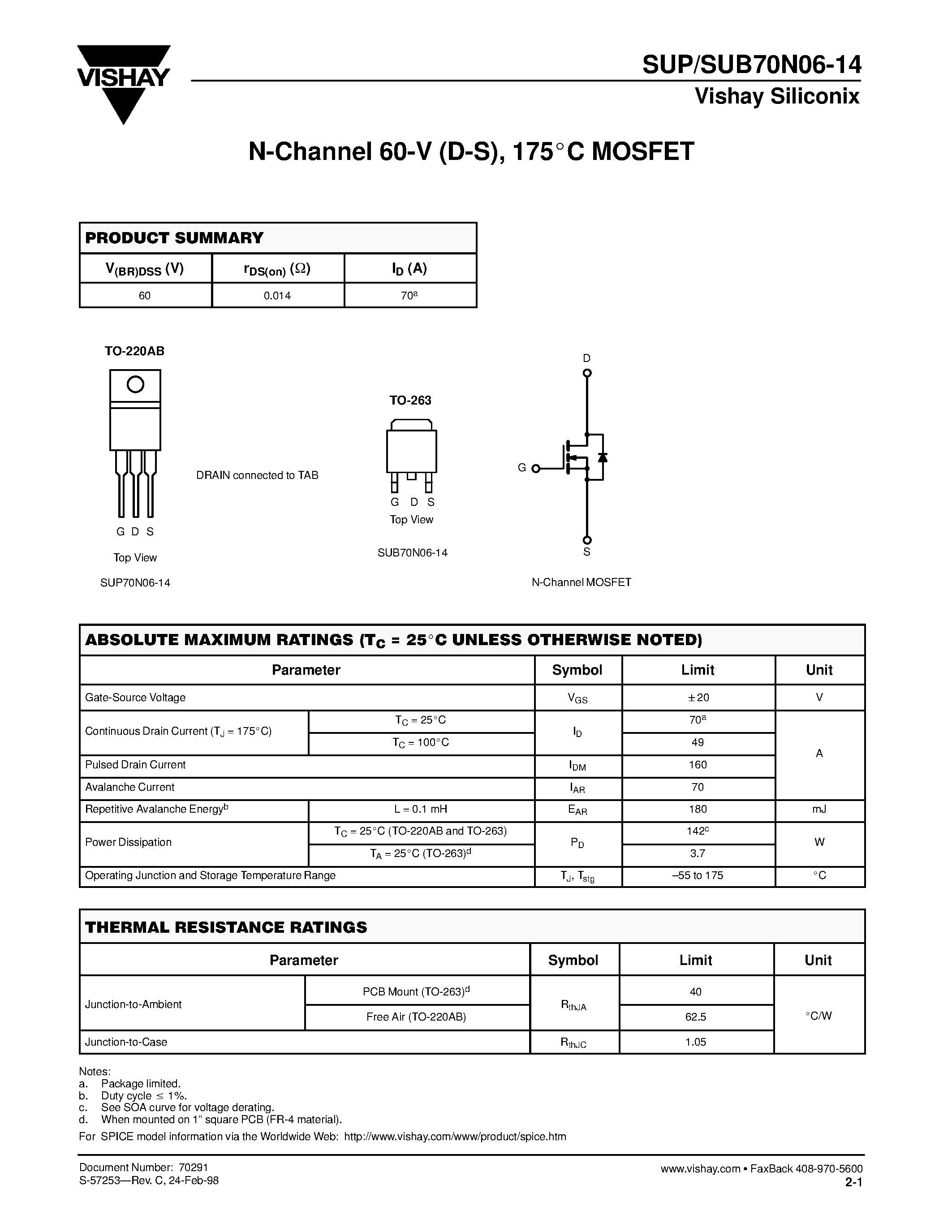 Даташит на микросхему SUP70N06-14 страница 1 Даташит SUP70N06-14 - N-Channel MOSFET страница 1