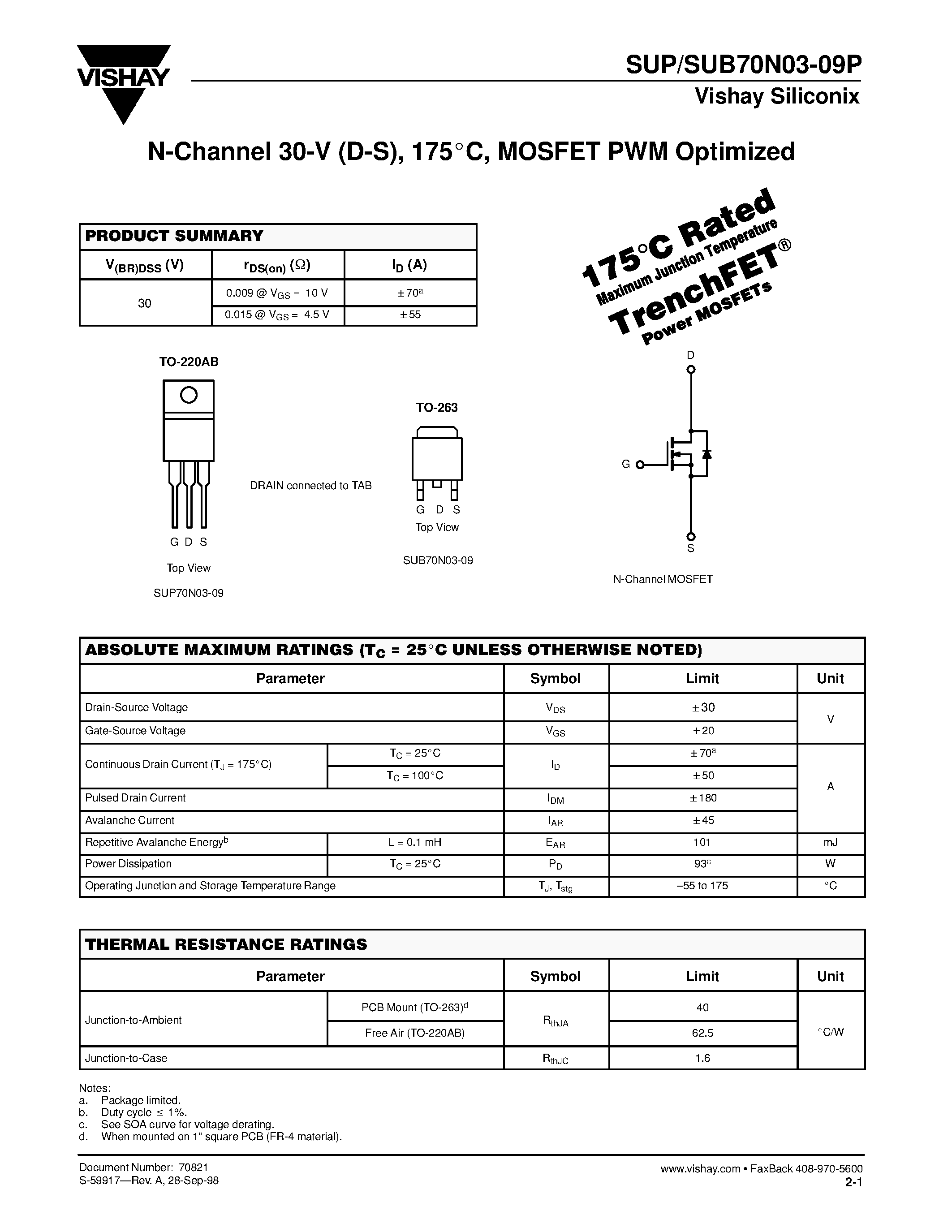 Datasheet SUP70N03-09P page 1 Datasheet SUP70N03-09P - N-Channel MOSFET page 1