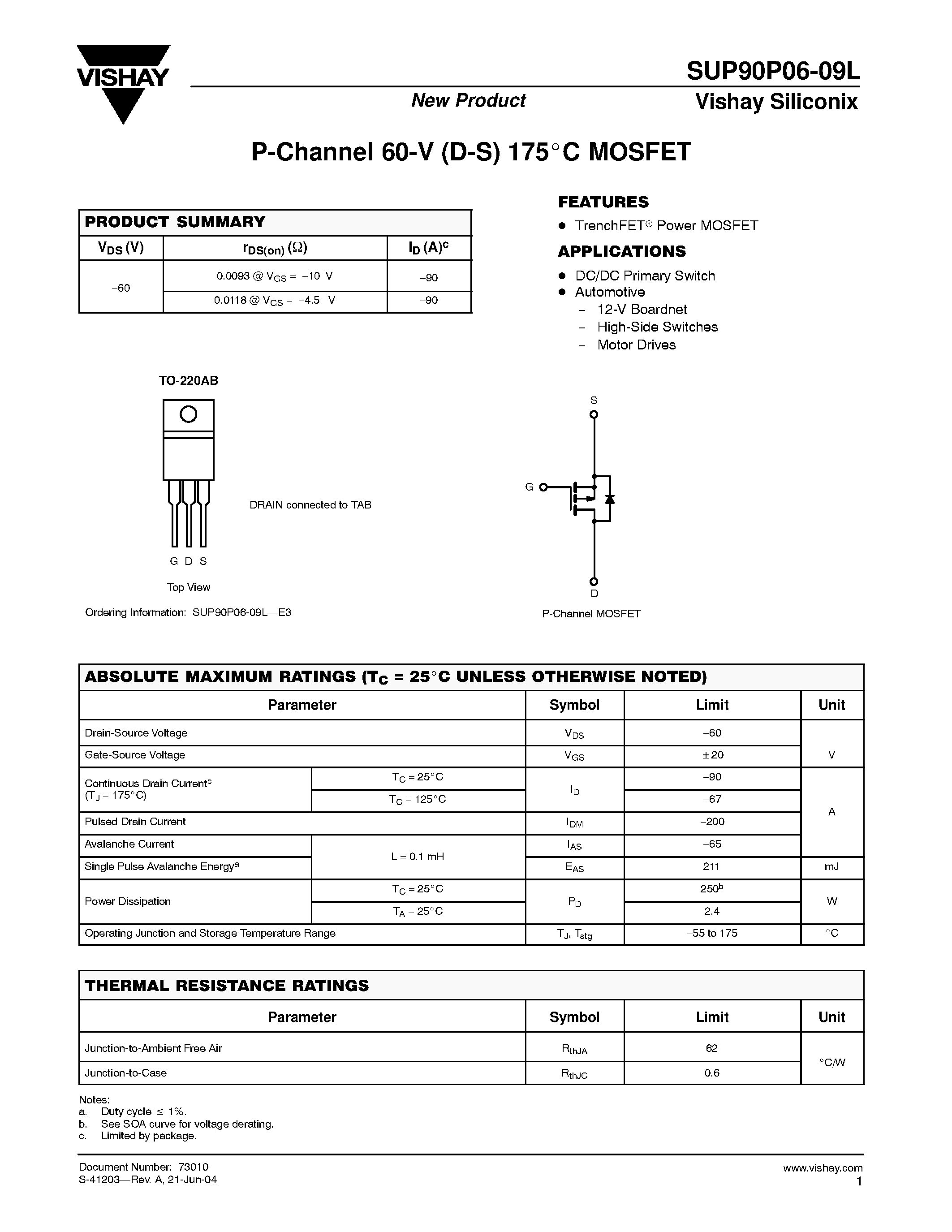 Datasheet SUP90P06-09L - P-Channel MOSFET page 1