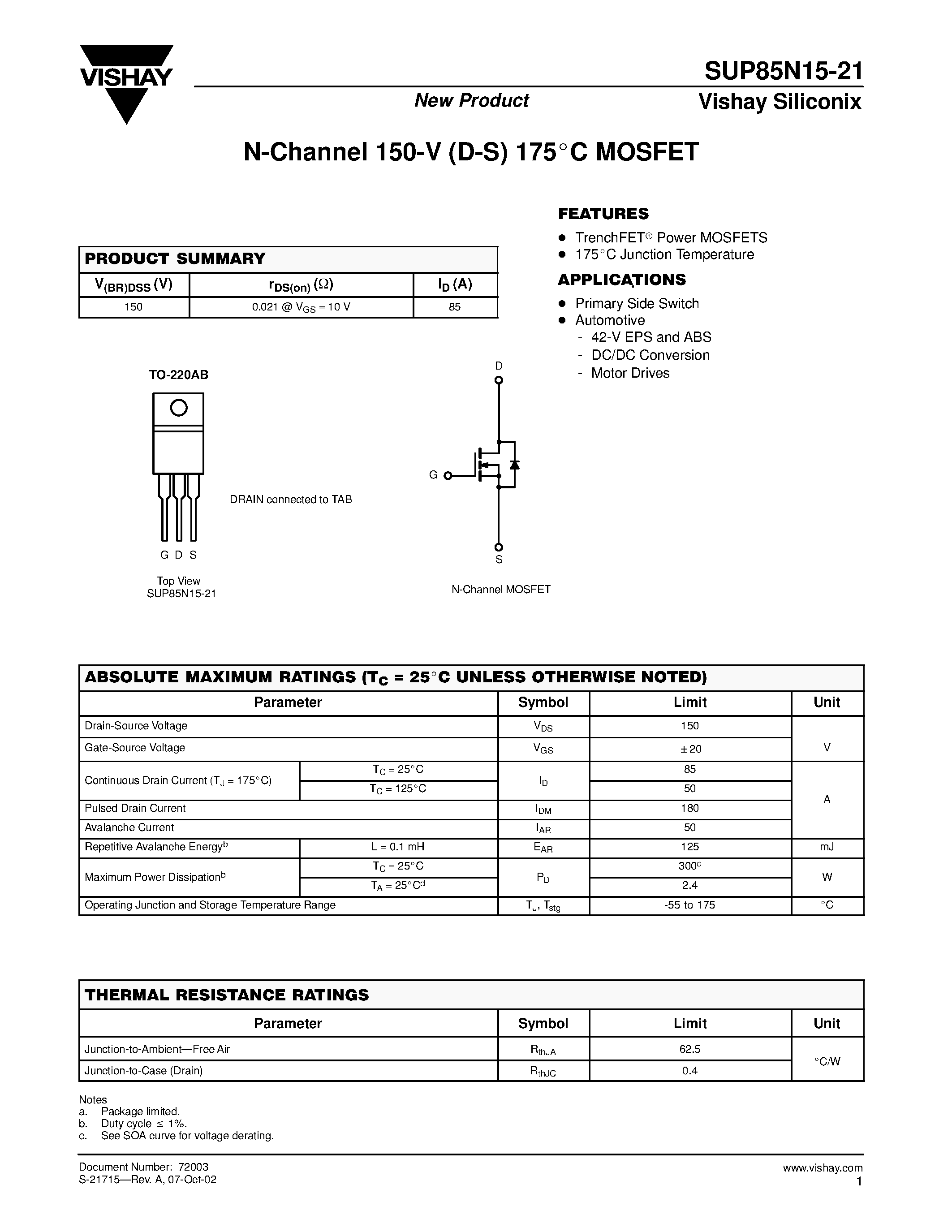 Datasheet SUP85N15-21 page 1 Datasheet SUP85N15-21 - N-Channel MOSFET page 1