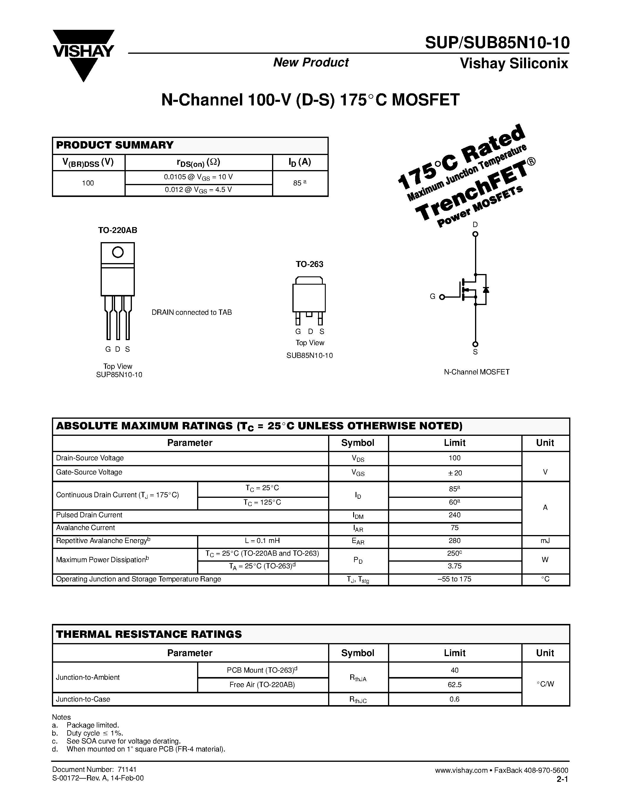 Datasheet SUP85N10-10 - N-Channel MOSFET page 1