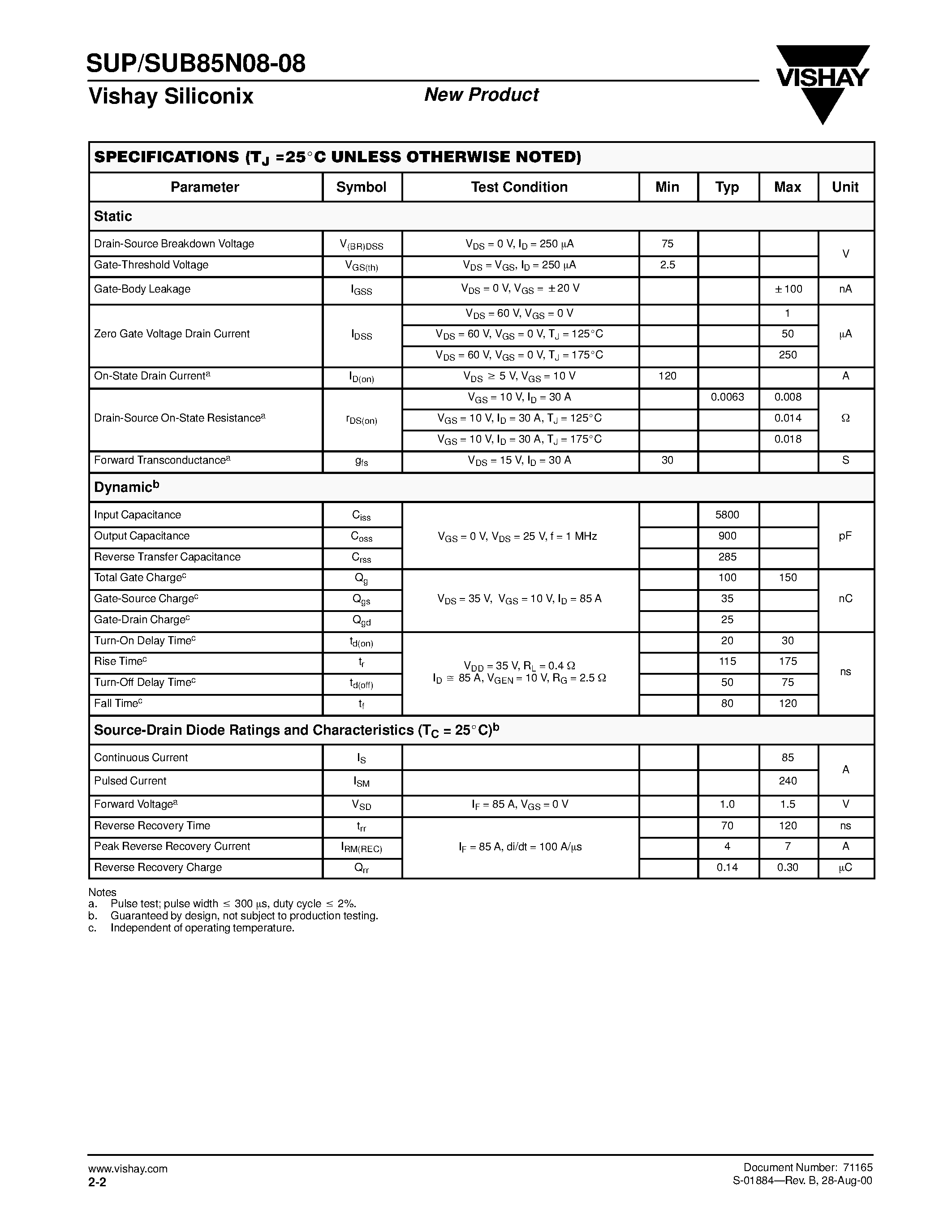 Datasheet SUP85N08-08 page 2 Datasheet SUP85N08-08 - N-Channel MOSFET page 2
