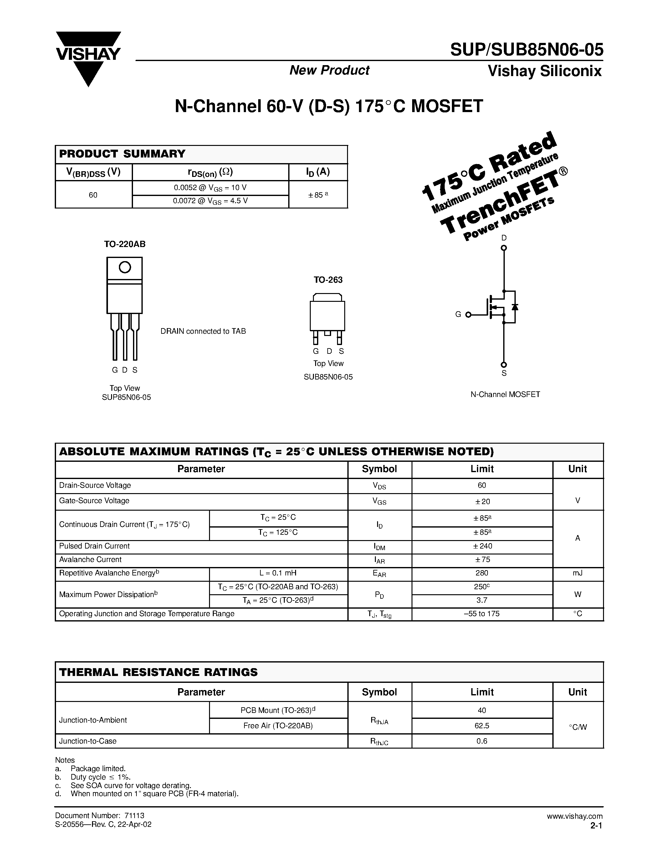 Datasheet SUP85N06-05 - N-Channel MOSFET page 1
