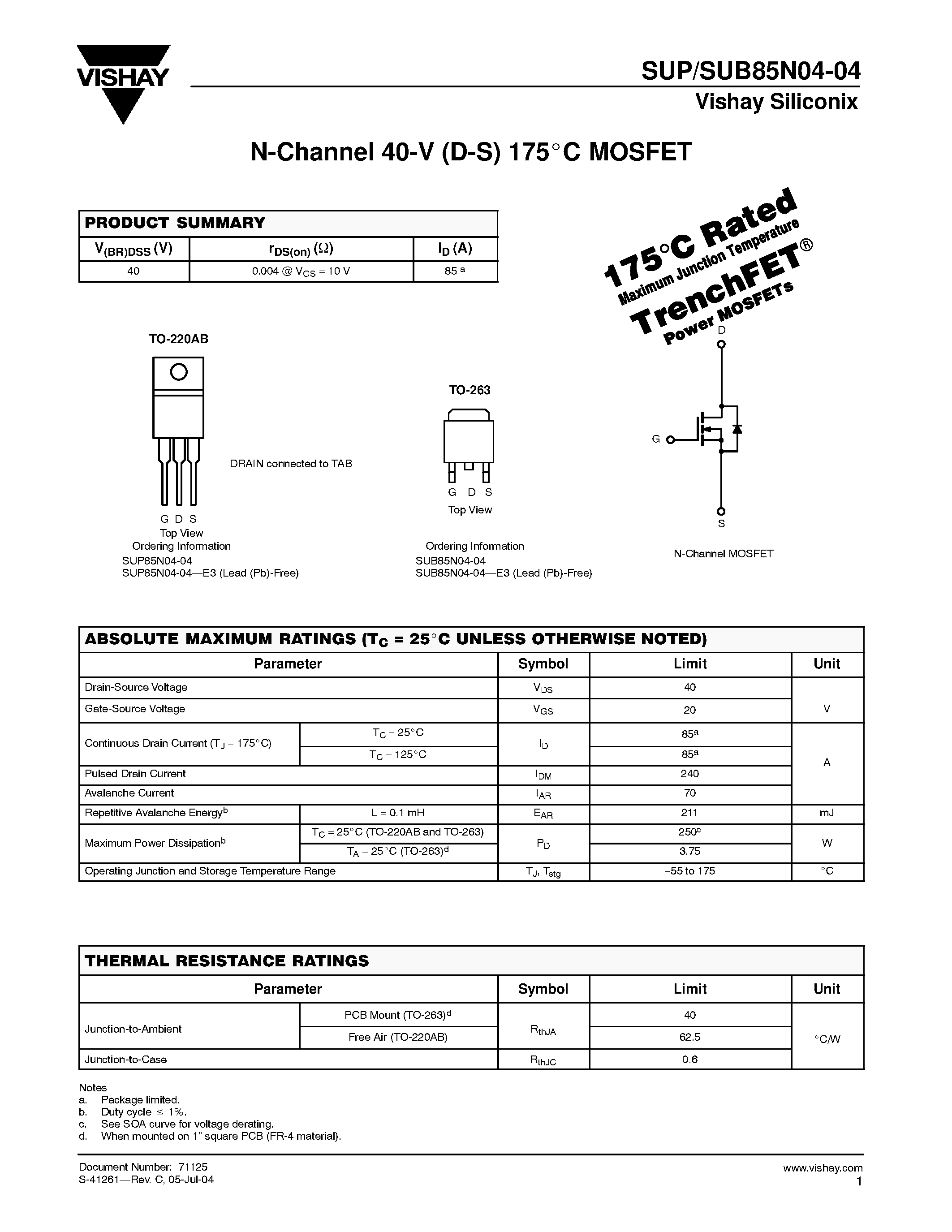 Datasheet SUP85N04-04 page 1 Datasheet SUP85N04-04 - N-Channel MOSFET page 1