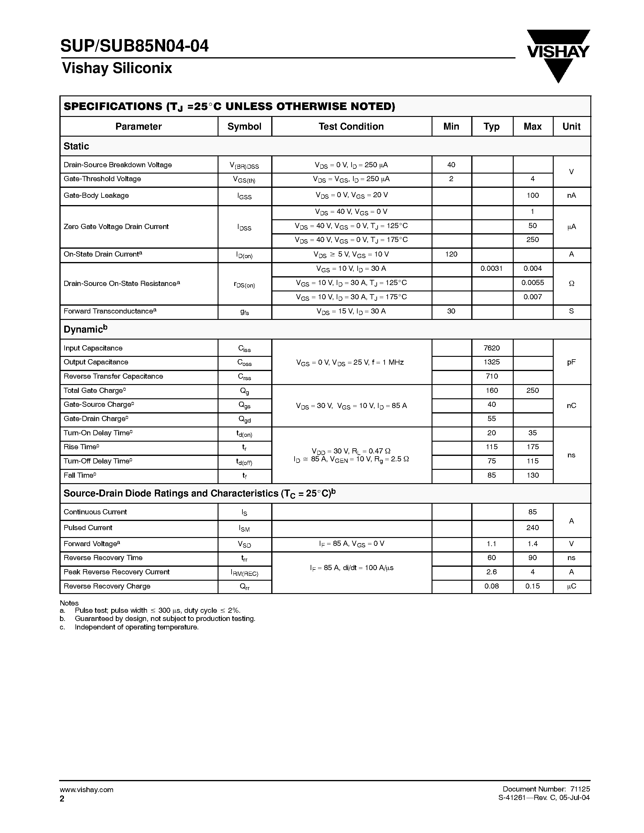 Datasheet SUP85N04-04 page 2 Datasheet SUP85N04-04 - N-Channel MOSFET page 2