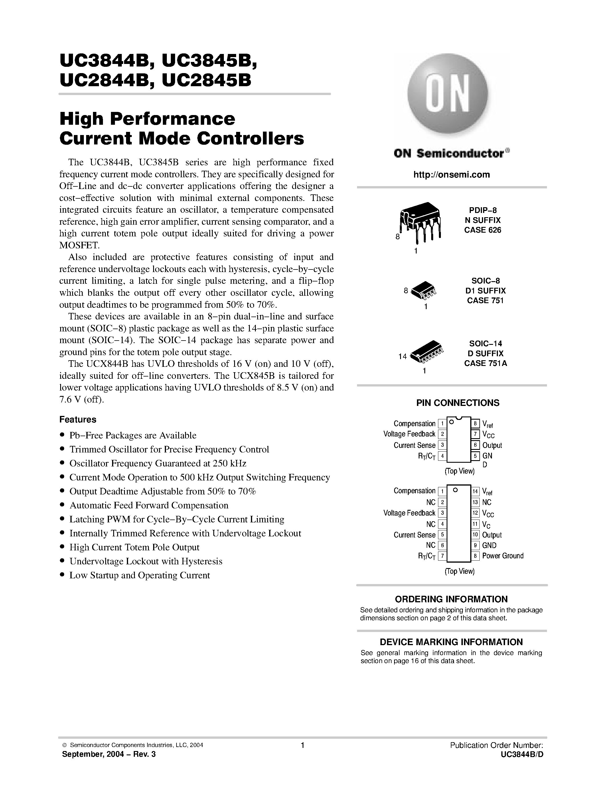 Даташит UC3844B - (UC3844B / UC3845B) HIGH PERFORMANCE CURRENT MODE CONTROLLERS страница 1