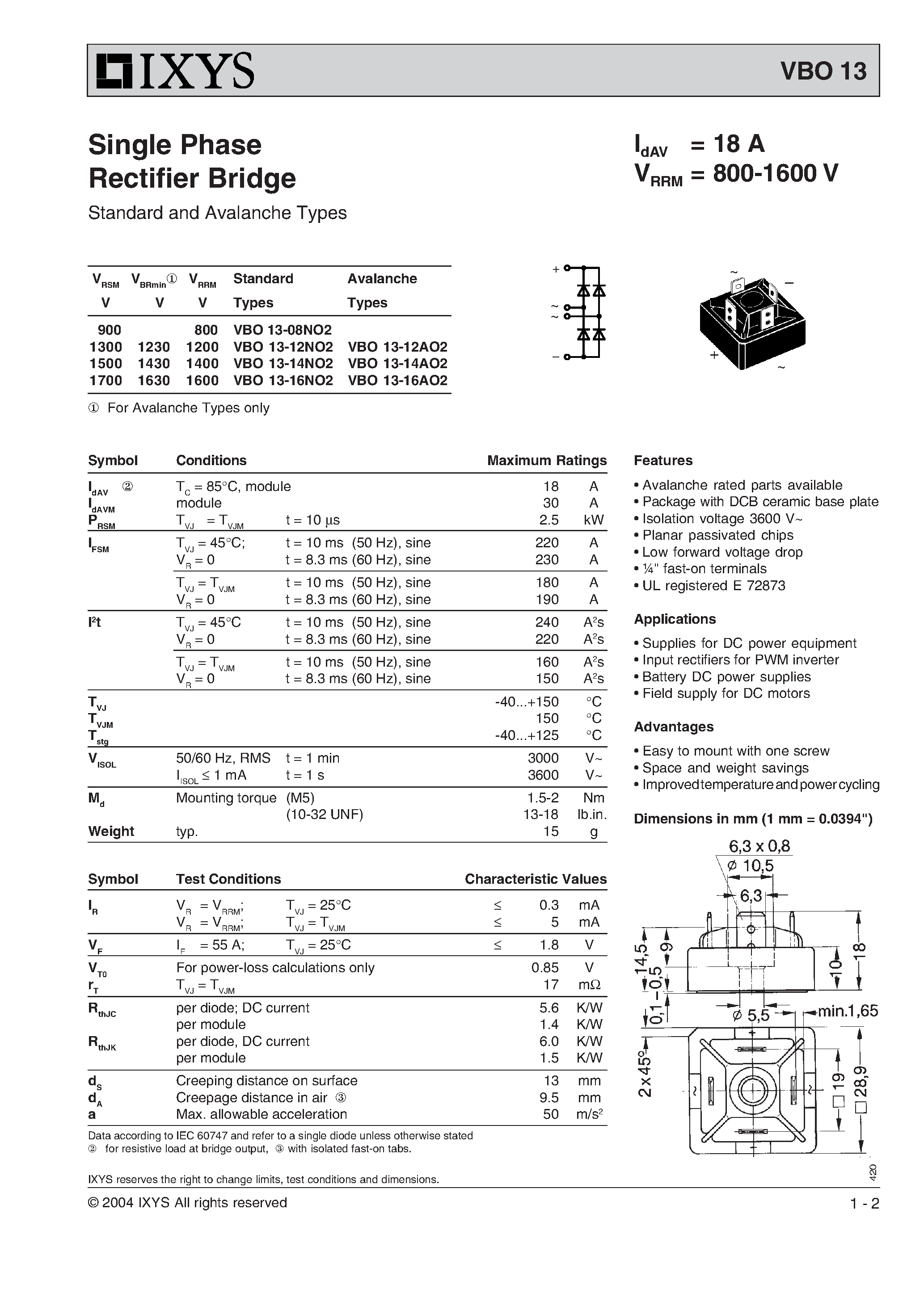 Datasheet VBO13 page 1 Datasheet VBO13 - Single Phase Rectifier Bridge page 1