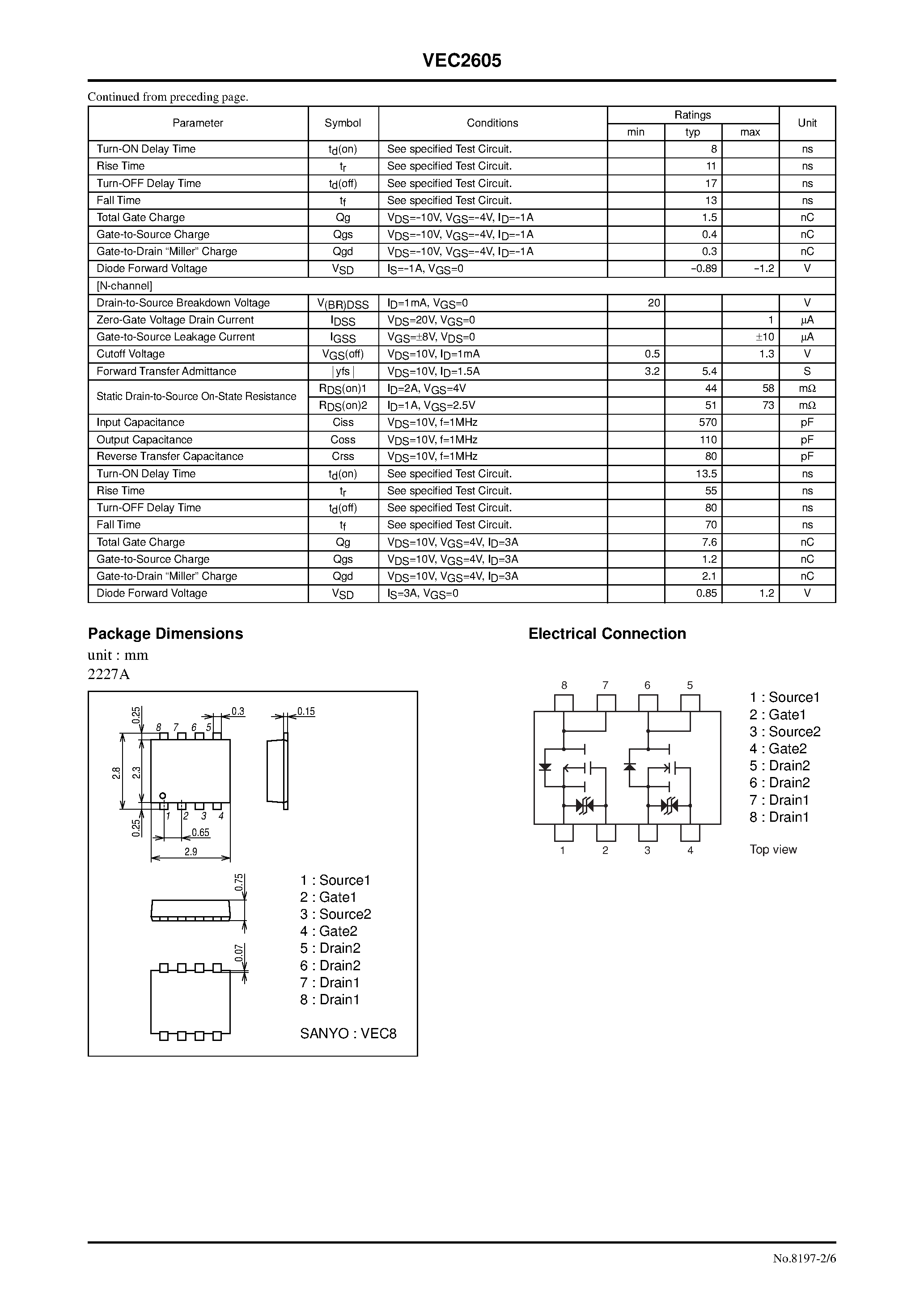 Datasheet VEC2605 page 2 Datasheet VEC2605 - P-Channel and N-Channel Silicon MOSFET General-Purpose Switching Device Applications page 2