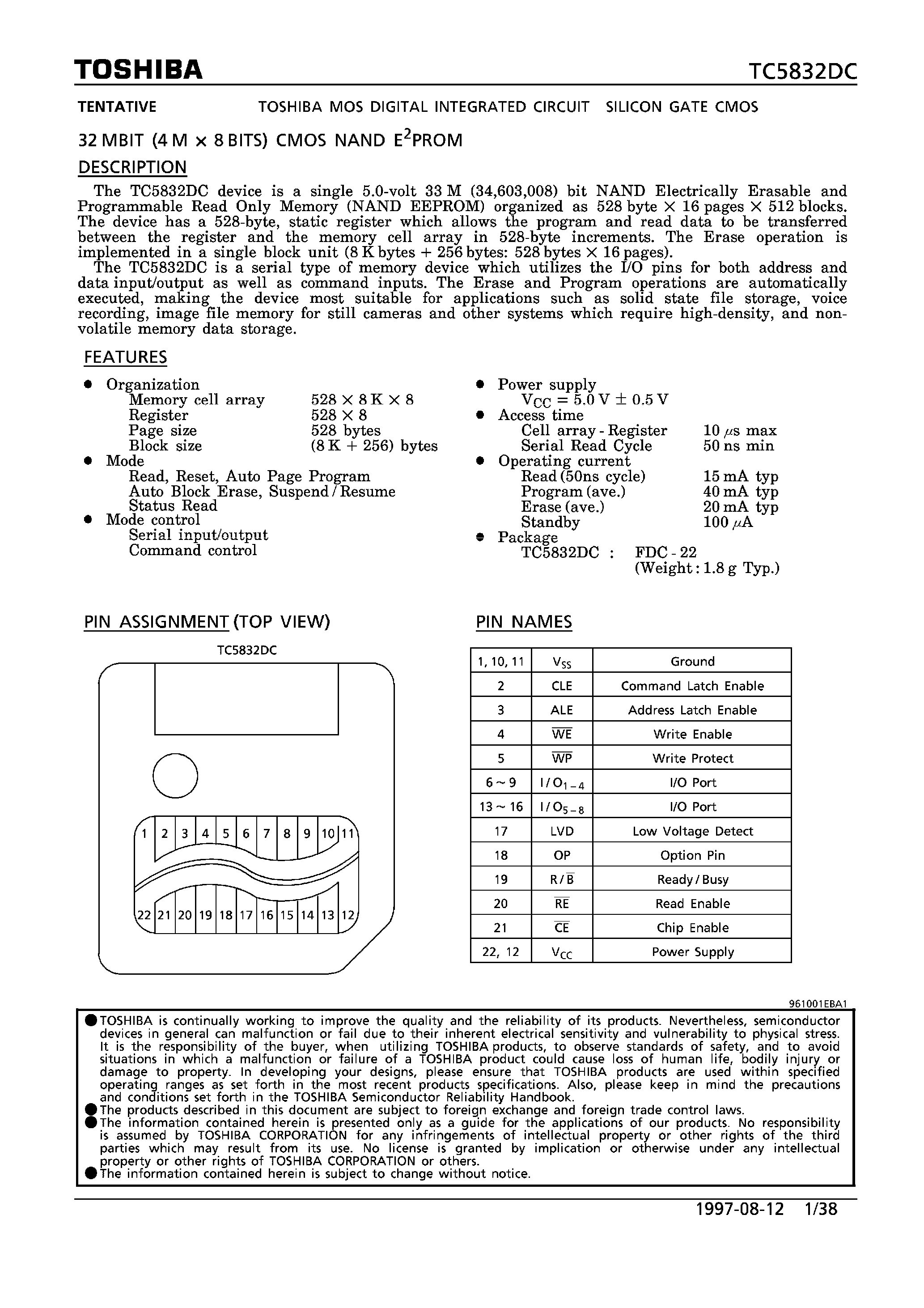 Даташит TC5832DC - 32 MBIT (4M x 8BIT) CMOS NAND E2PROM страница 1