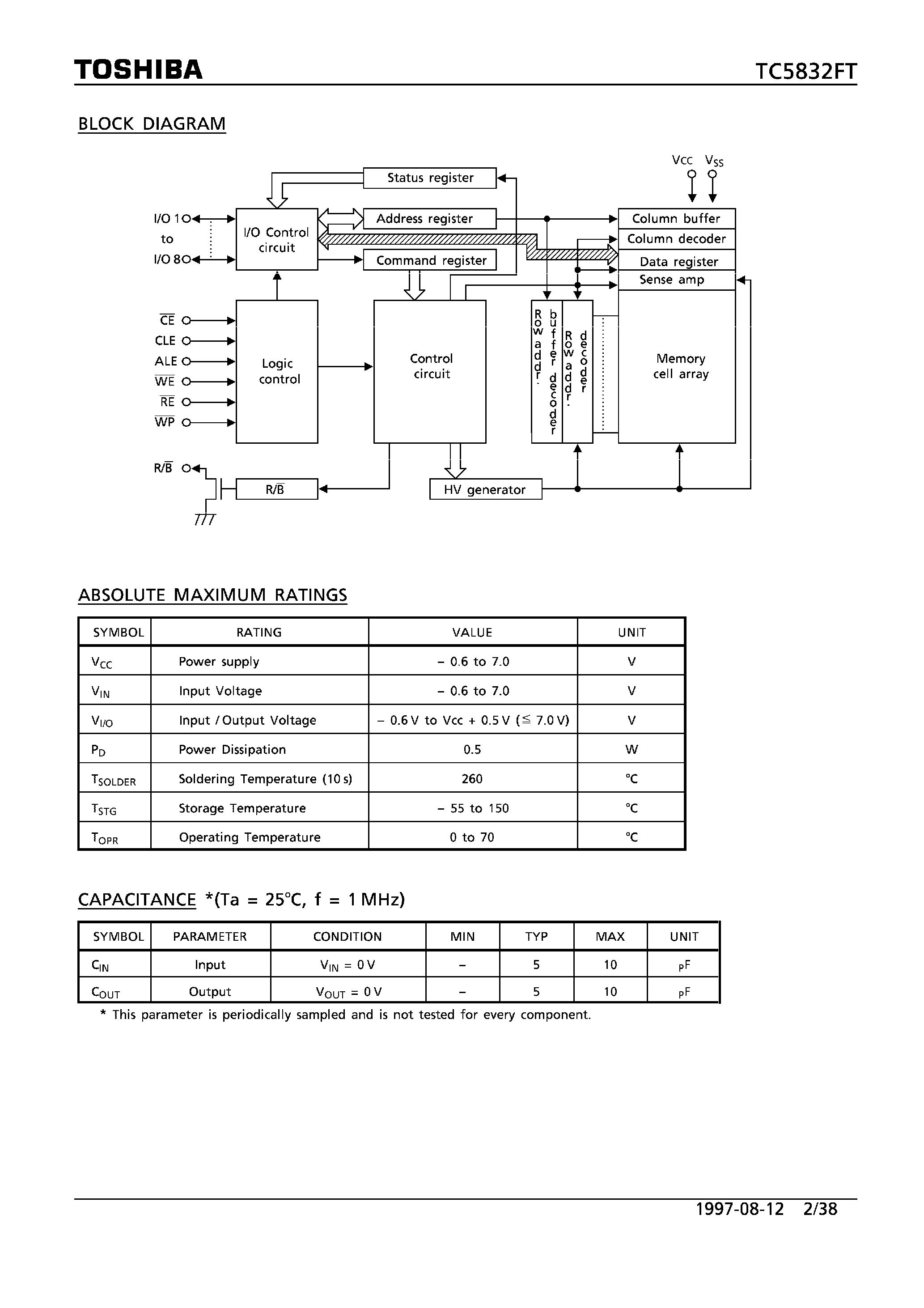 Datasheet TC5832FT page 2 Datasheet TC5832FT - 32 MBIT (4M X 8 BITS) CMOS NAND E2PROM page 2