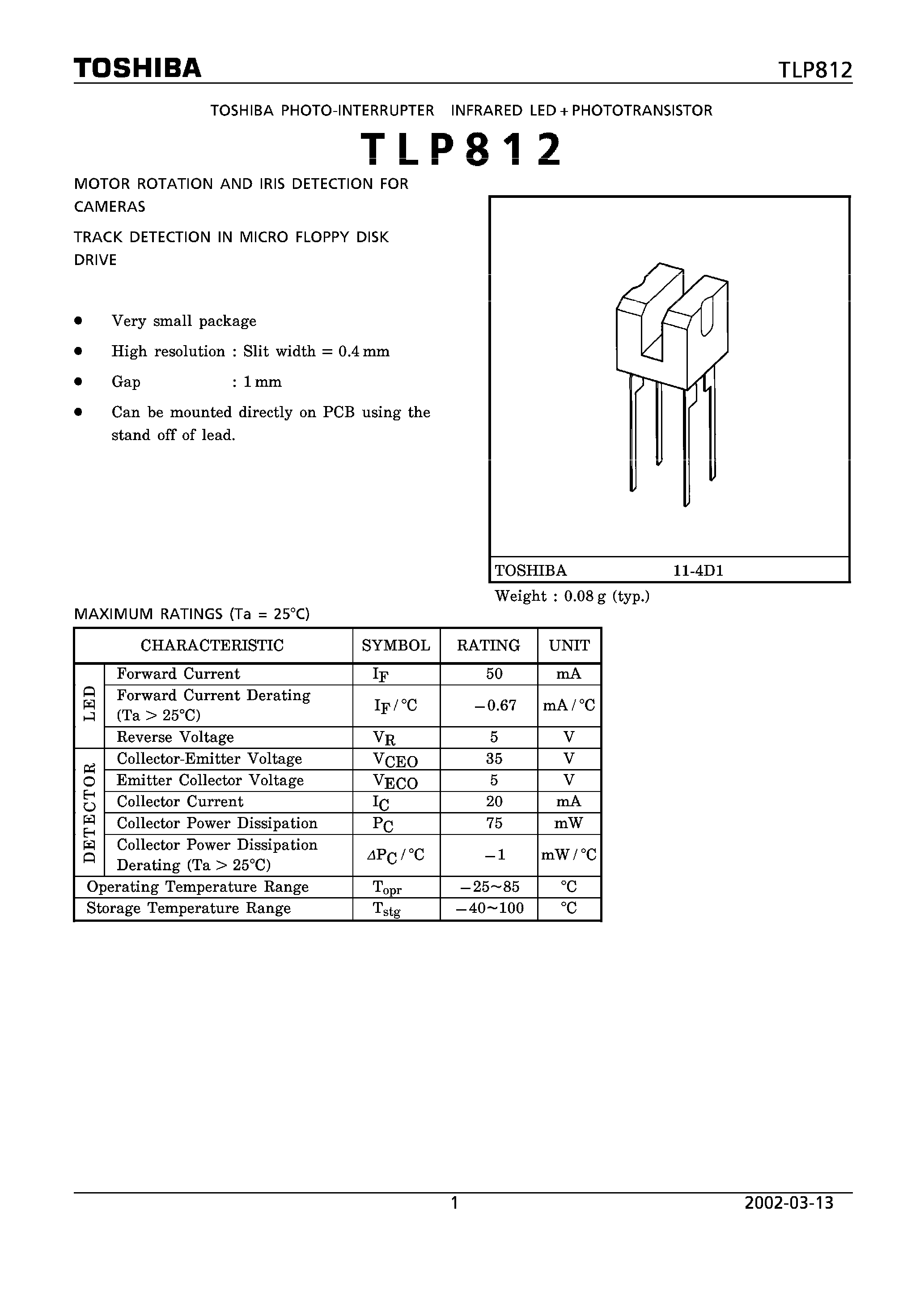 Datasheet TLP812 - PHOTO INTERRUPTER INFRARED LED + PHOTOTRANSISTOR page 1