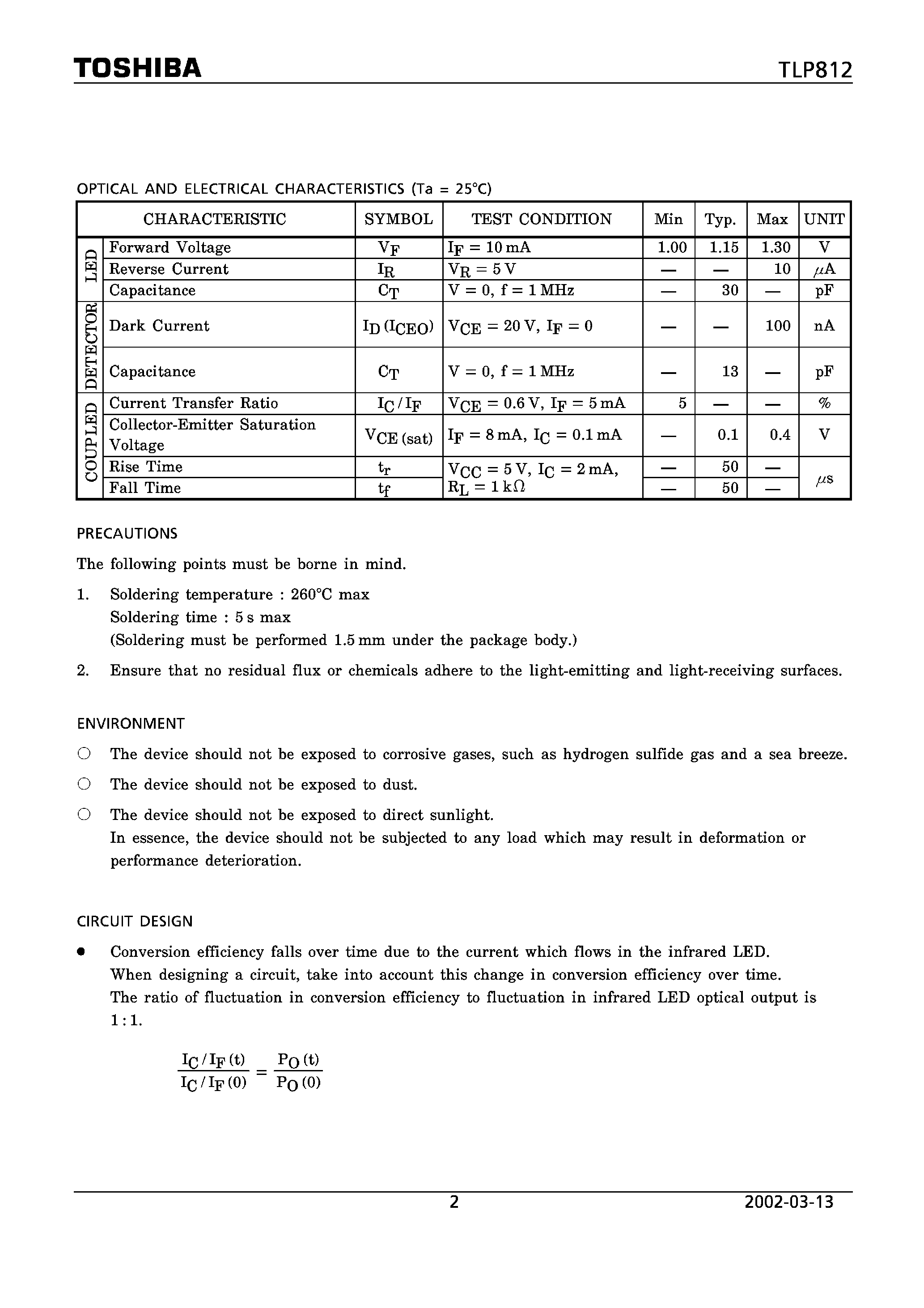 Datasheet TLP812 - PHOTO INTERRUPTER INFRARED LED + PHOTOTRANSISTOR page 2